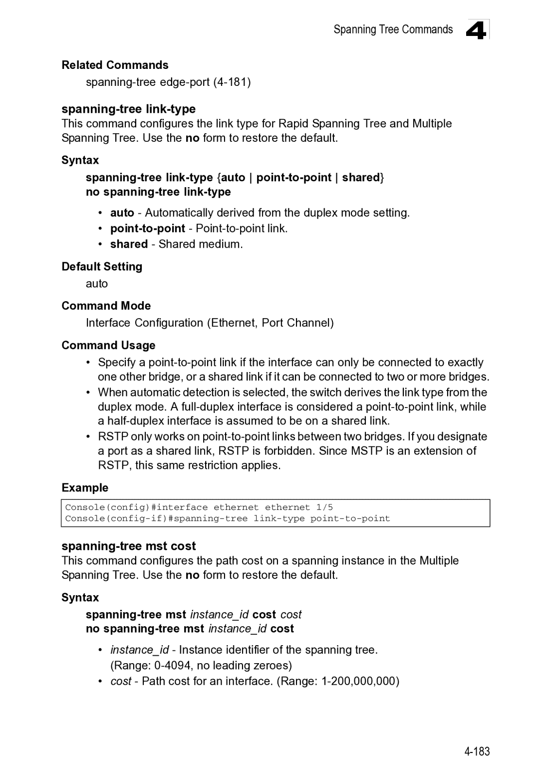 Microsoft ES4649, ES4625 manual Spanning Tree Commands, Related Commands Spanning-treeedge-port4-181 