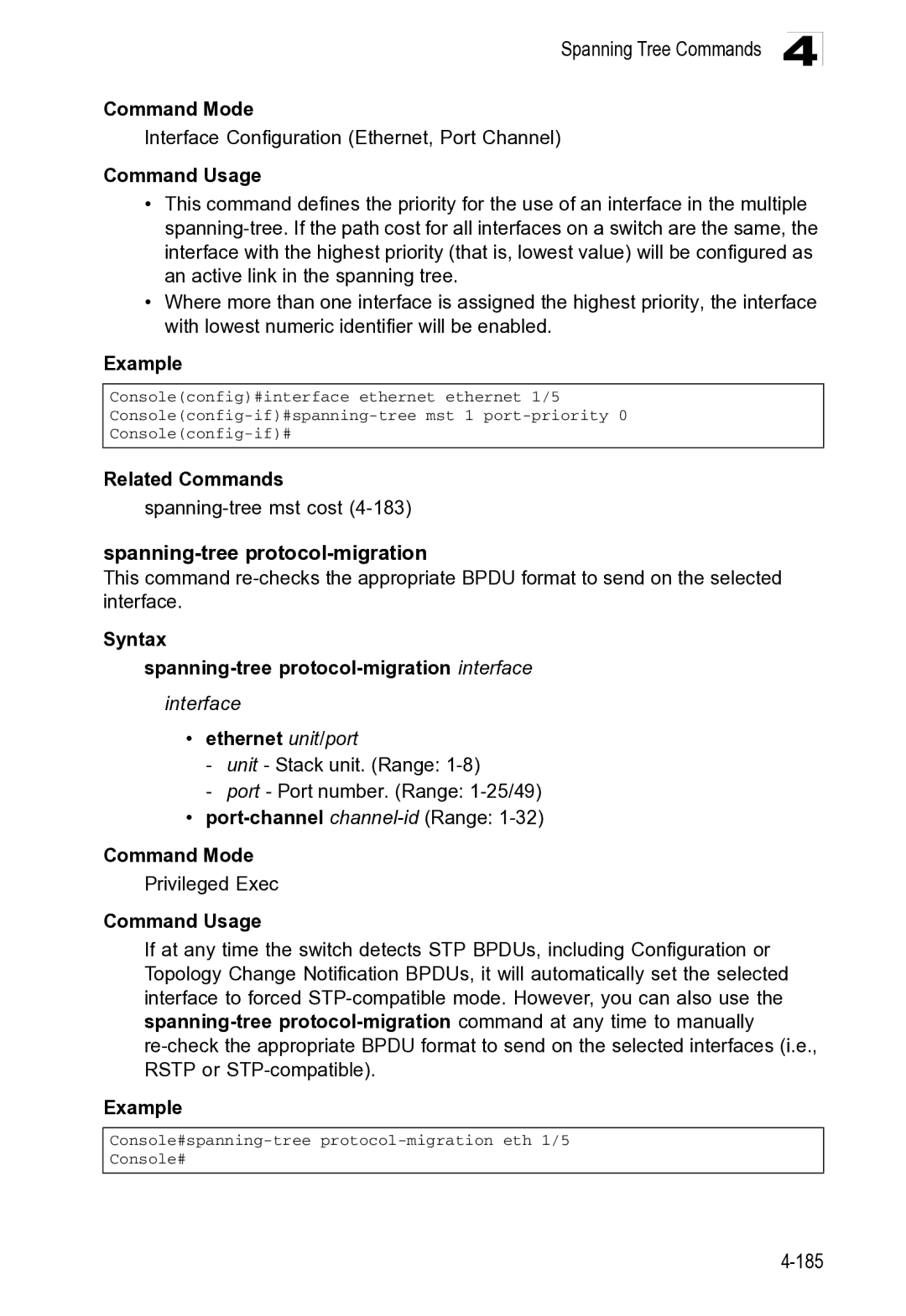 Microsoft ES4649, ES4625 manual Spanning-tree protocol-migration, Related Commands Spanning-tree mst cost 