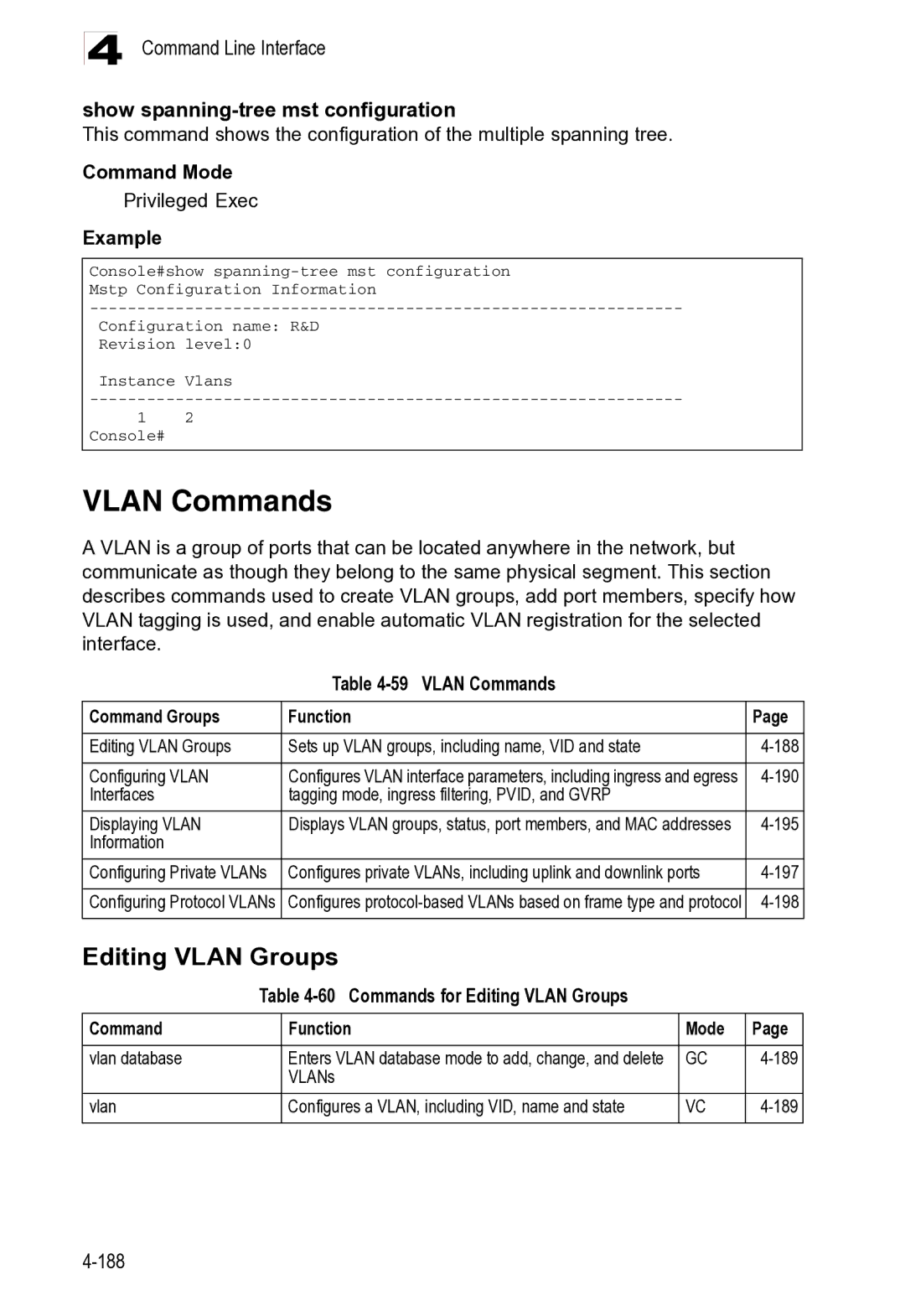 Microsoft ES4625, ES4649 Vlan Commands, Editing Vlan Groups, Command Line Interface Show spanning-tree mst configuration 