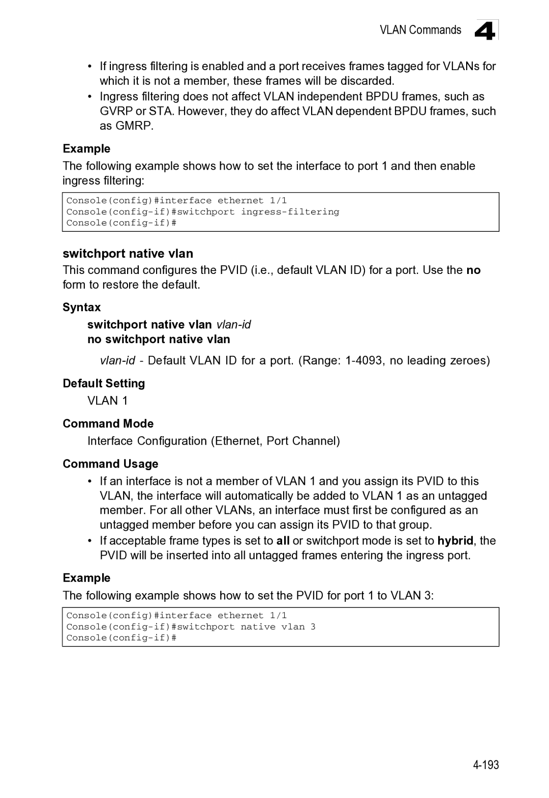 Microsoft ES4649, ES4625 manual Switchport native vlan 