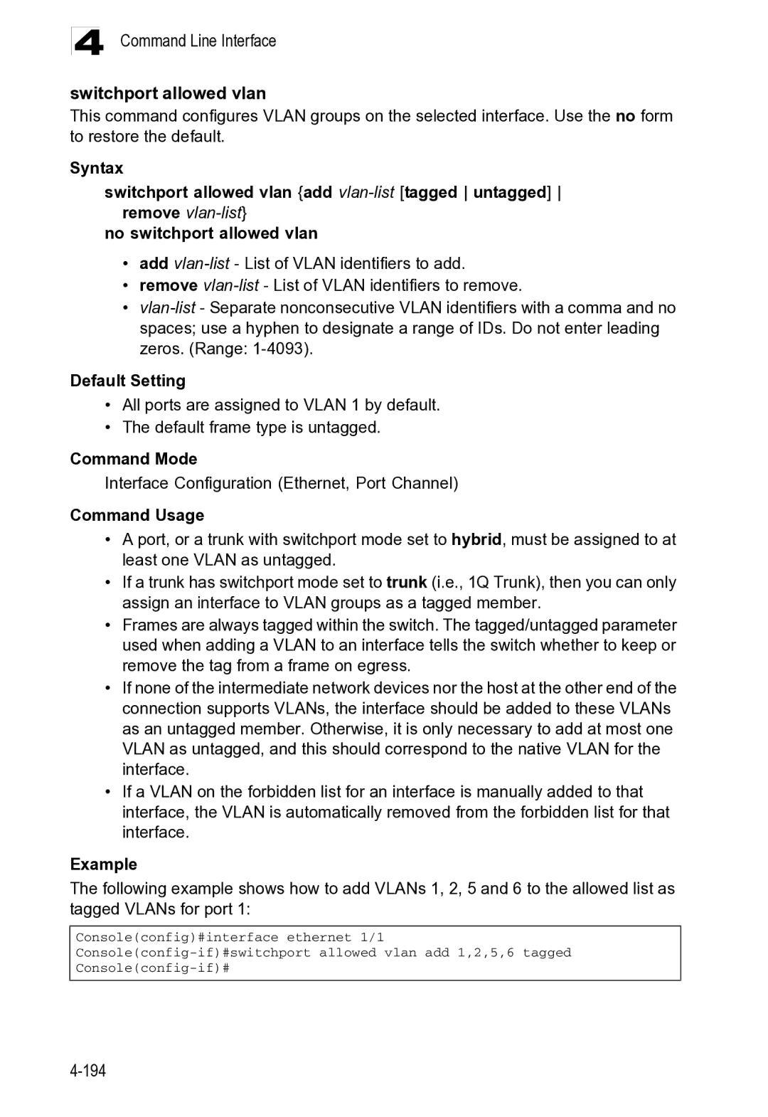 Microsoft ES4625, ES4649 manual Command Line Interface Switchport allowed vlan, 194 