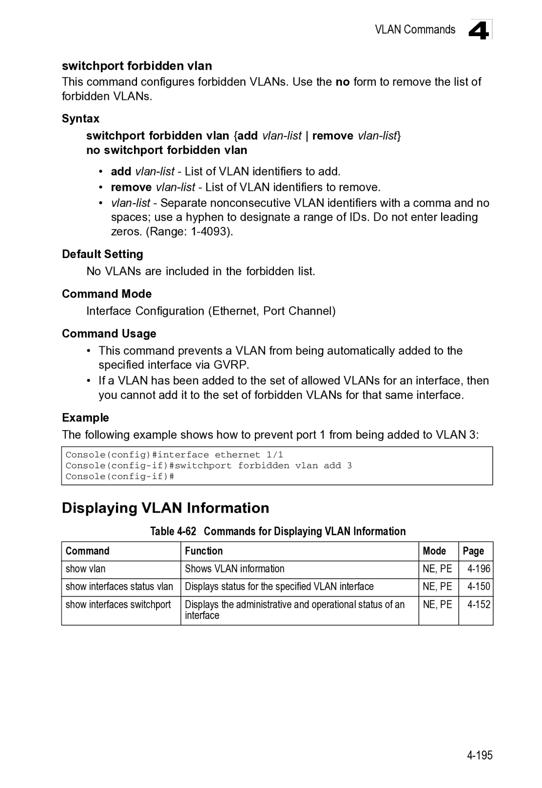 Microsoft ES4649, ES4625 manual Displaying Vlan Information, Vlan Commands Switchport forbidden vlan 