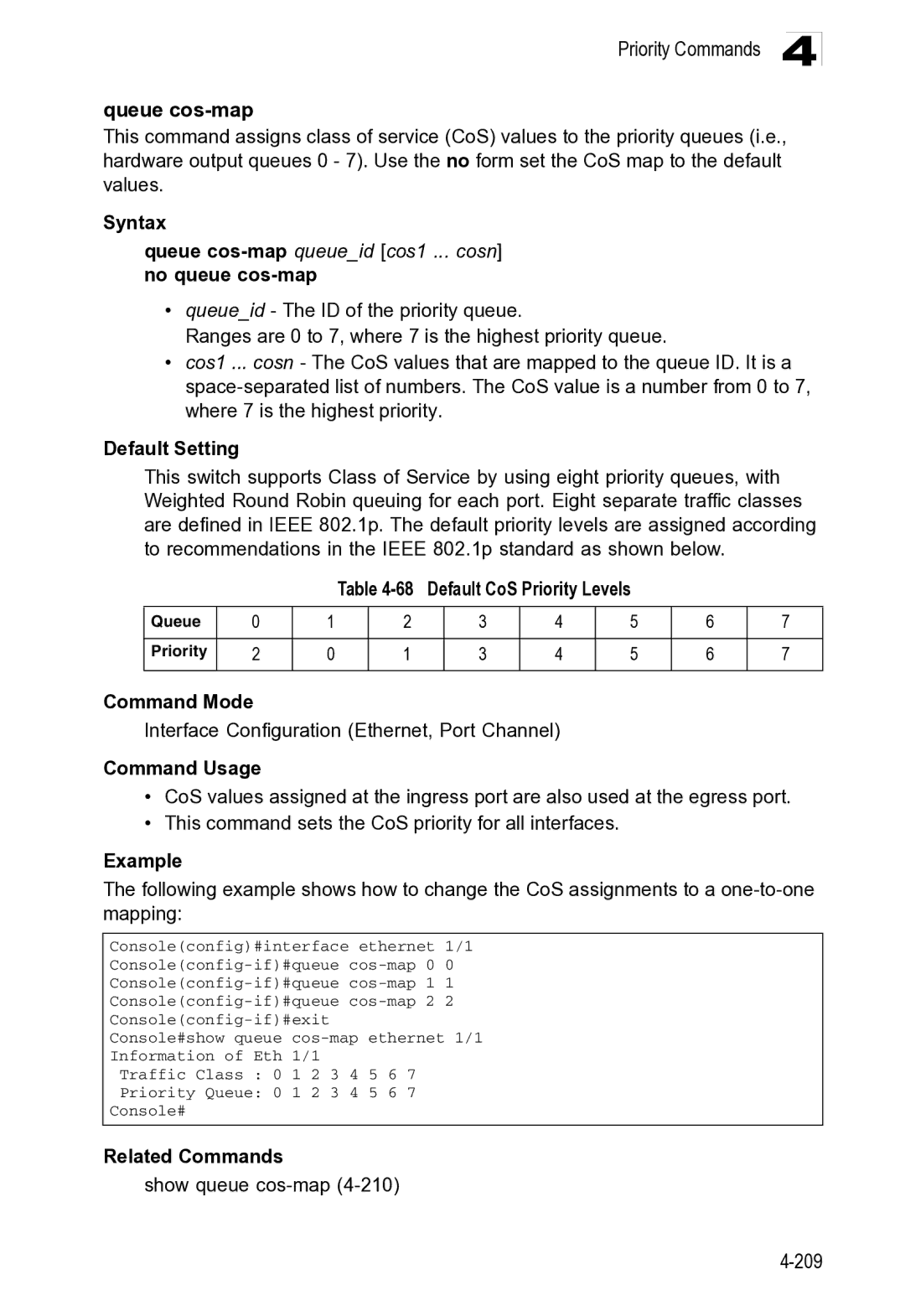 Microsoft ES4649, ES4625 manual Priority Commands Queue cos-map, Queue cos-mapqueueid cos1 ... cosn no queue cos-map 