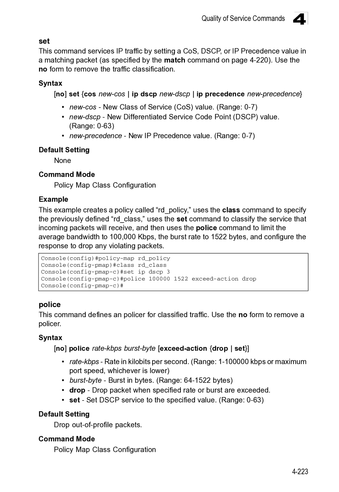 Microsoft ES4649, ES4625 manual Quality of Service Commands Set, Police 