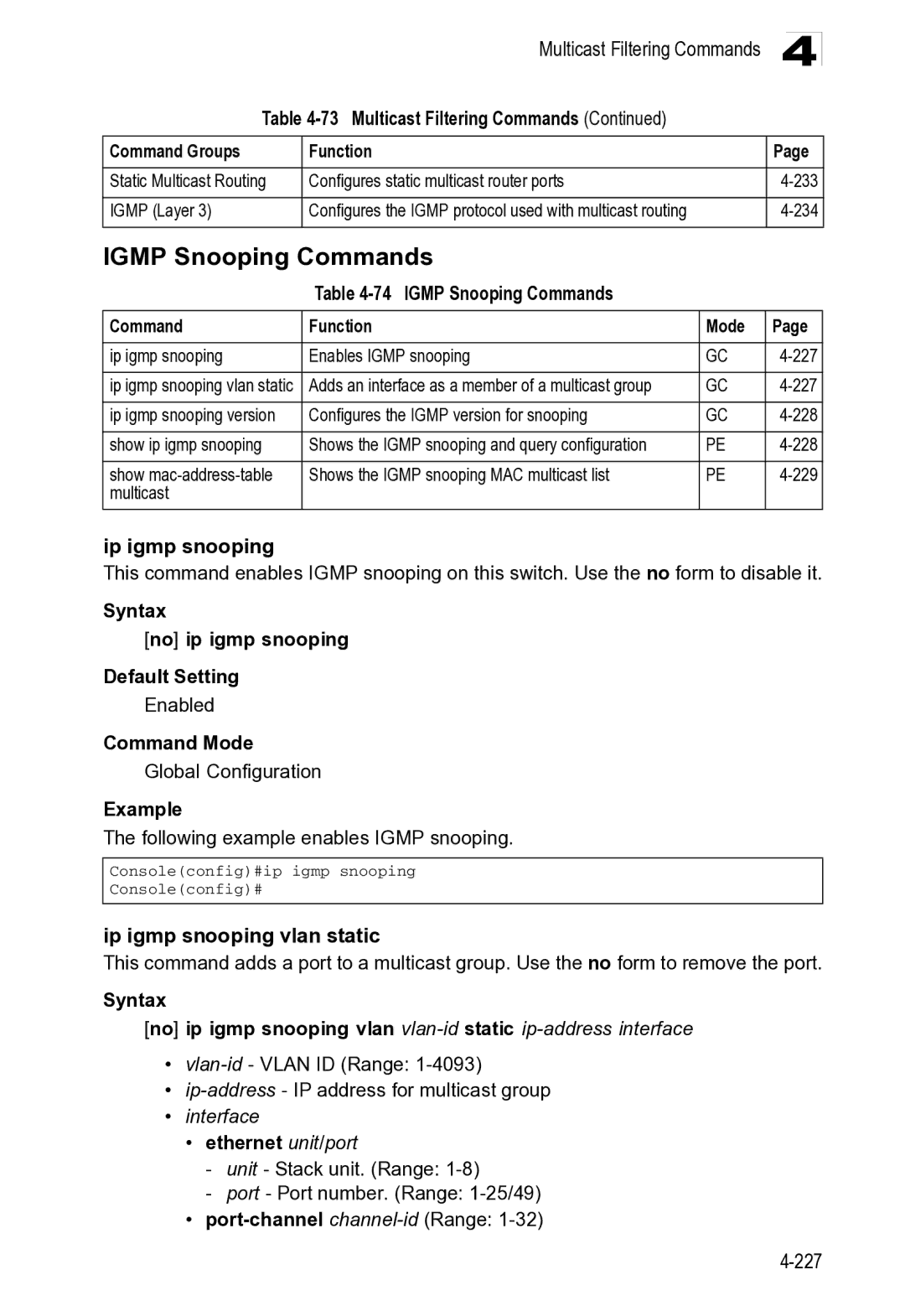 Microsoft ES4649, ES4625 manual Igmp Snooping Commands, Shows the Igmp snooping MAC multicast list 229 Multicast 