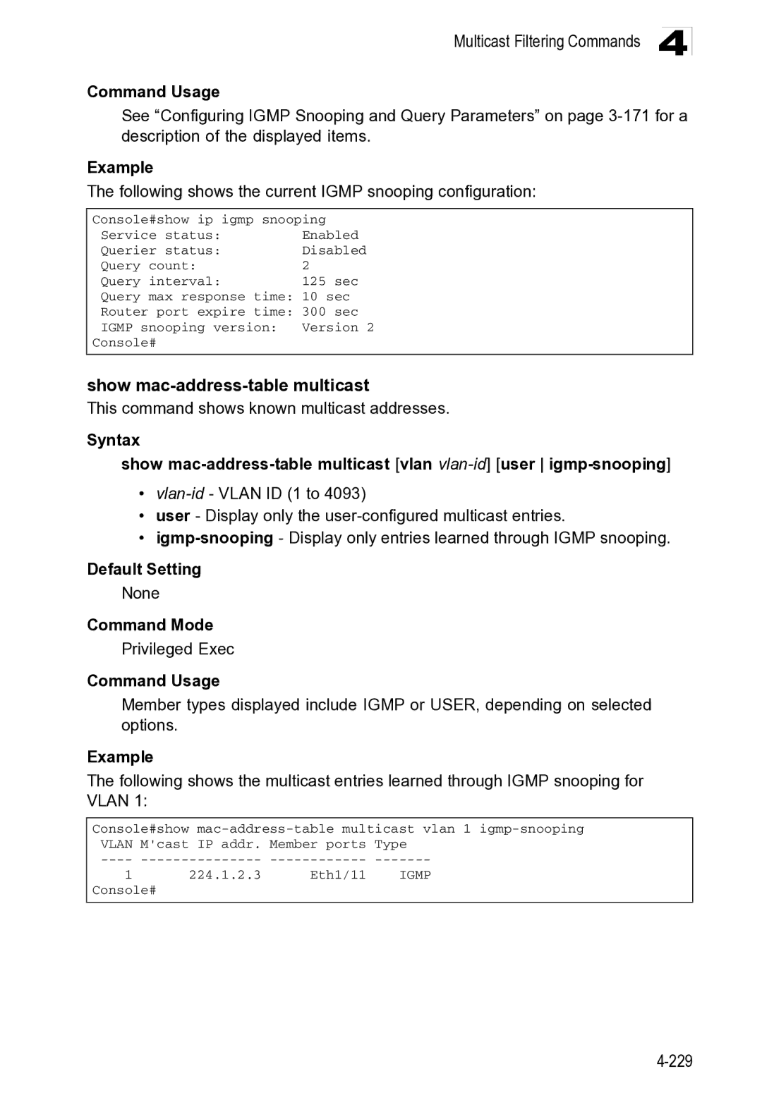 Microsoft ES4649, ES4625 manual Multicast Filtering Commands 