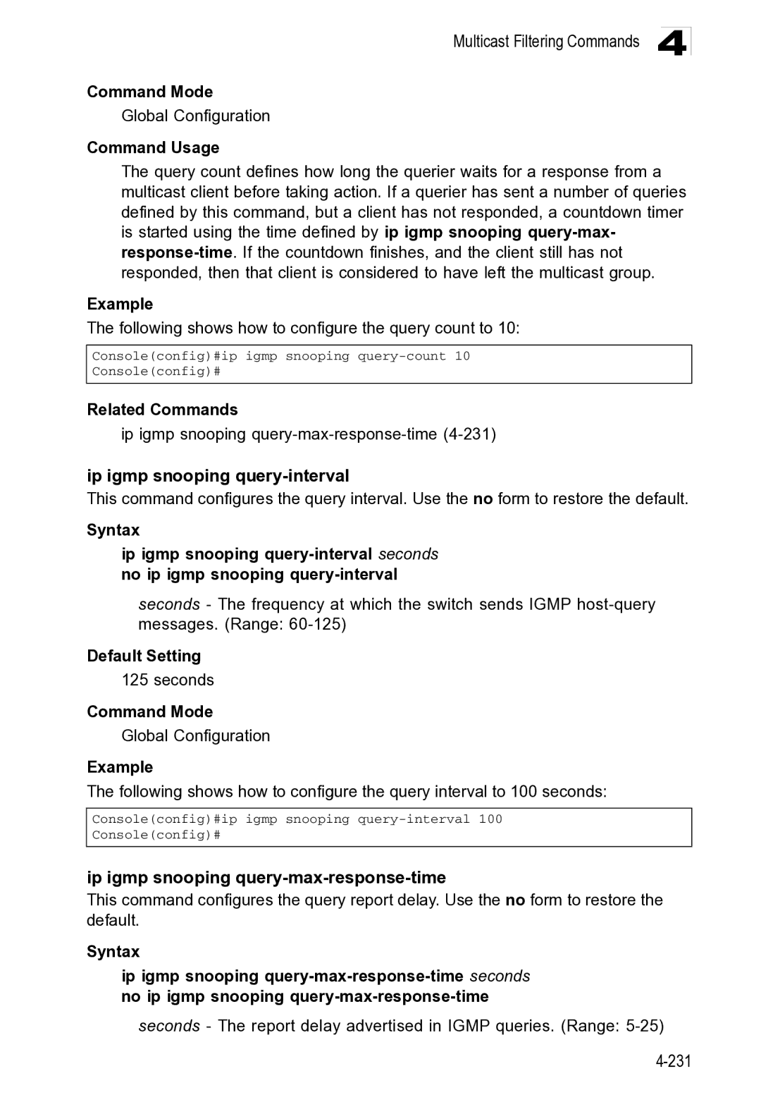 Microsoft ES4649, ES4625 manual Ip igmp snooping query-interval 