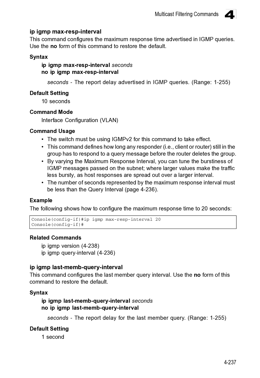 Microsoft ES4649, ES4625 manual Multicast Filtering Commands Ip igmp max-resp-interval 