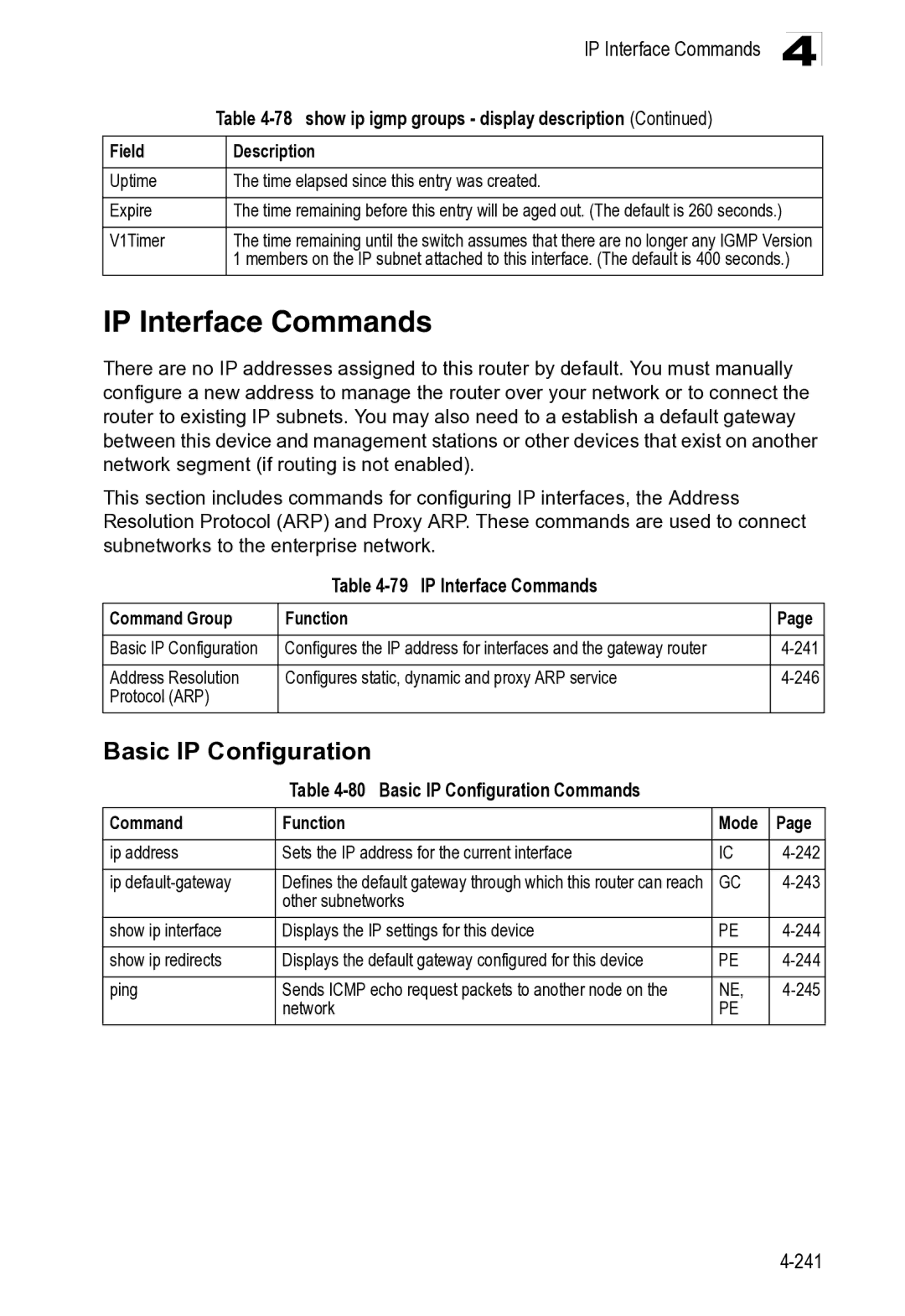 Microsoft ES4649, ES4625 manual IP Interface Commands, Basic IP Configuration, V1Timer, Ping, 245 