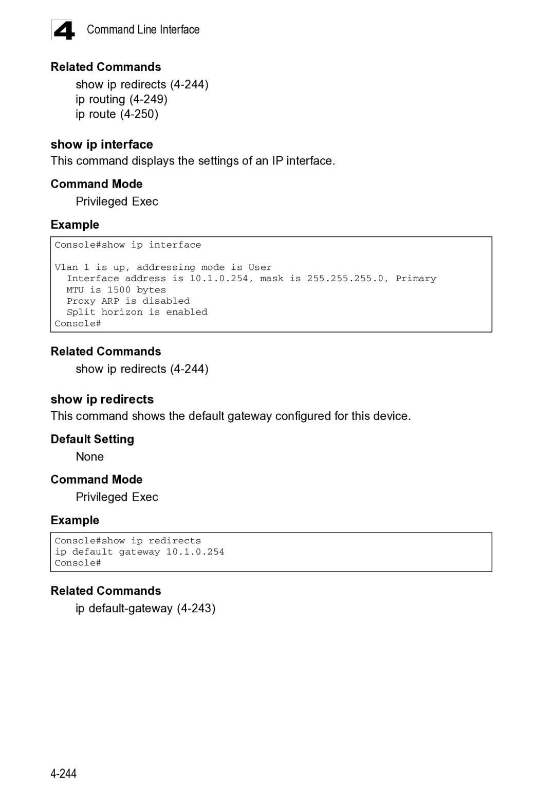 Microsoft ES4625, ES4649 manual Related Commands Show ip redirects, Related Commands Ip default-gateway4-243 