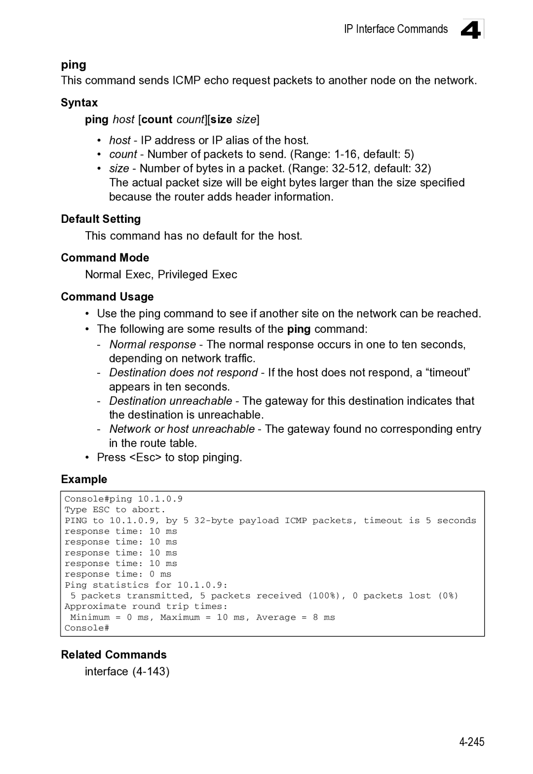 Microsoft ES4649, ES4625 manual IP Interface Commands Ping, Related Commands Interface 