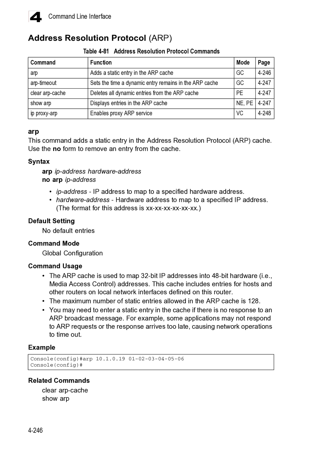 Microsoft ES4625, ES4649 manual Address Resolution Protocol ARP, Arp ip-address hardware-address no arp ip-address 