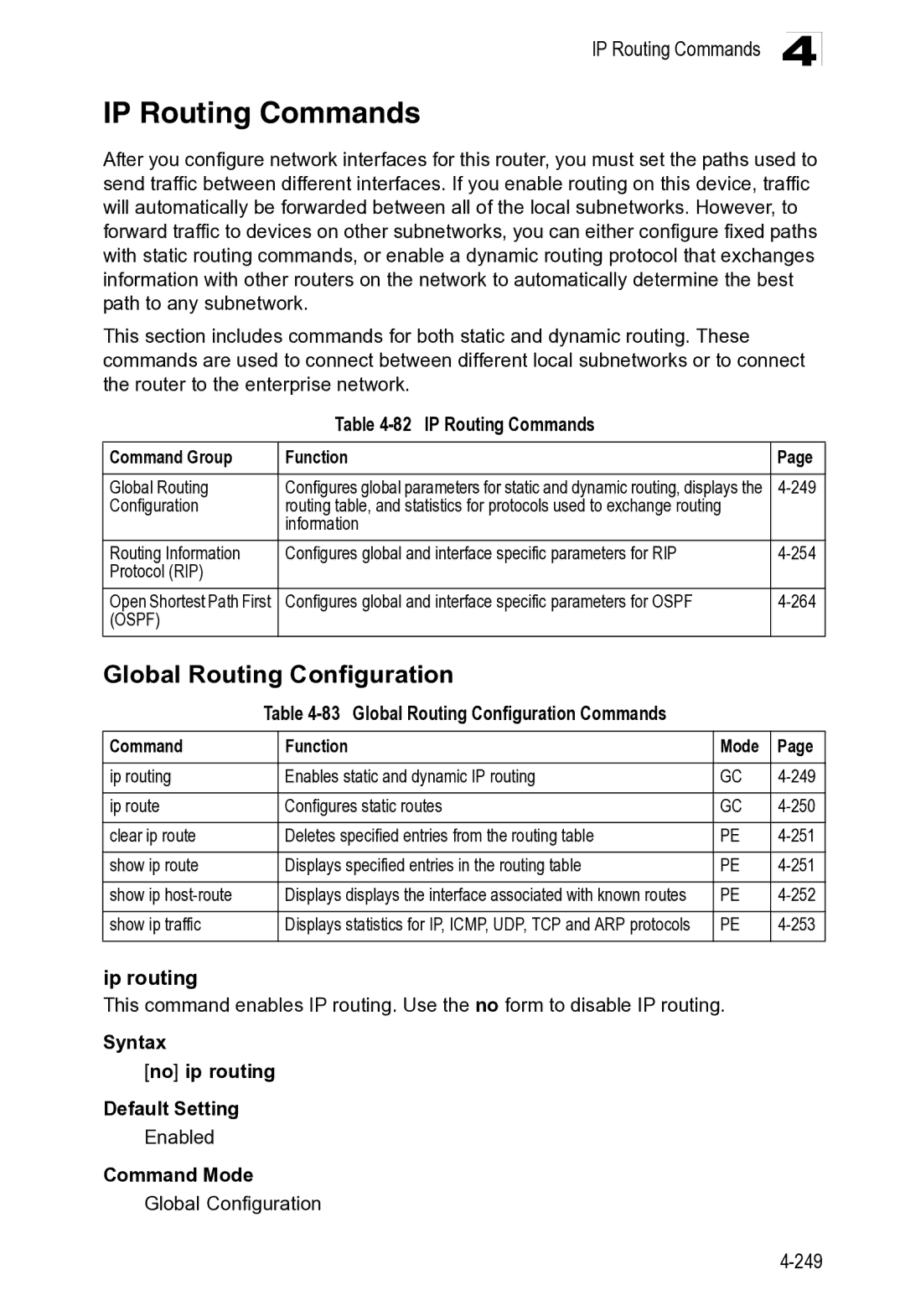 Microsoft ES4649, ES4625 manual IP Routing Commands, Global Routing Configuration 