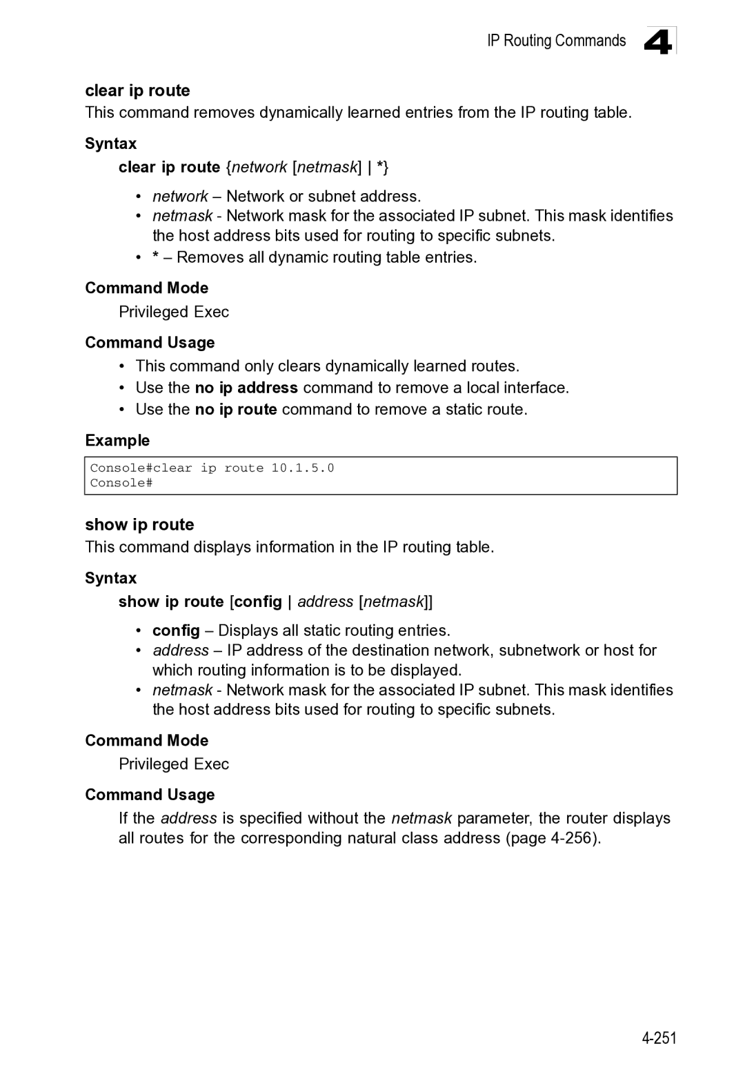 Microsoft ES4649, ES4625 manual IP Routing Commands Clear ip route, Show ip route 