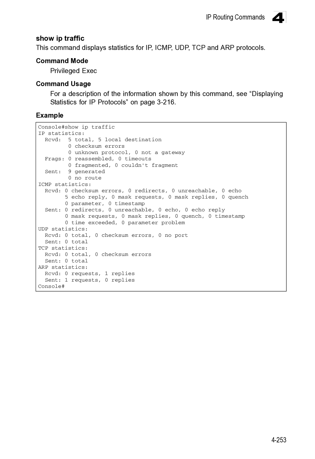 Microsoft ES4649, ES4625 manual IP Routing Commands Show ip traffic, 253 