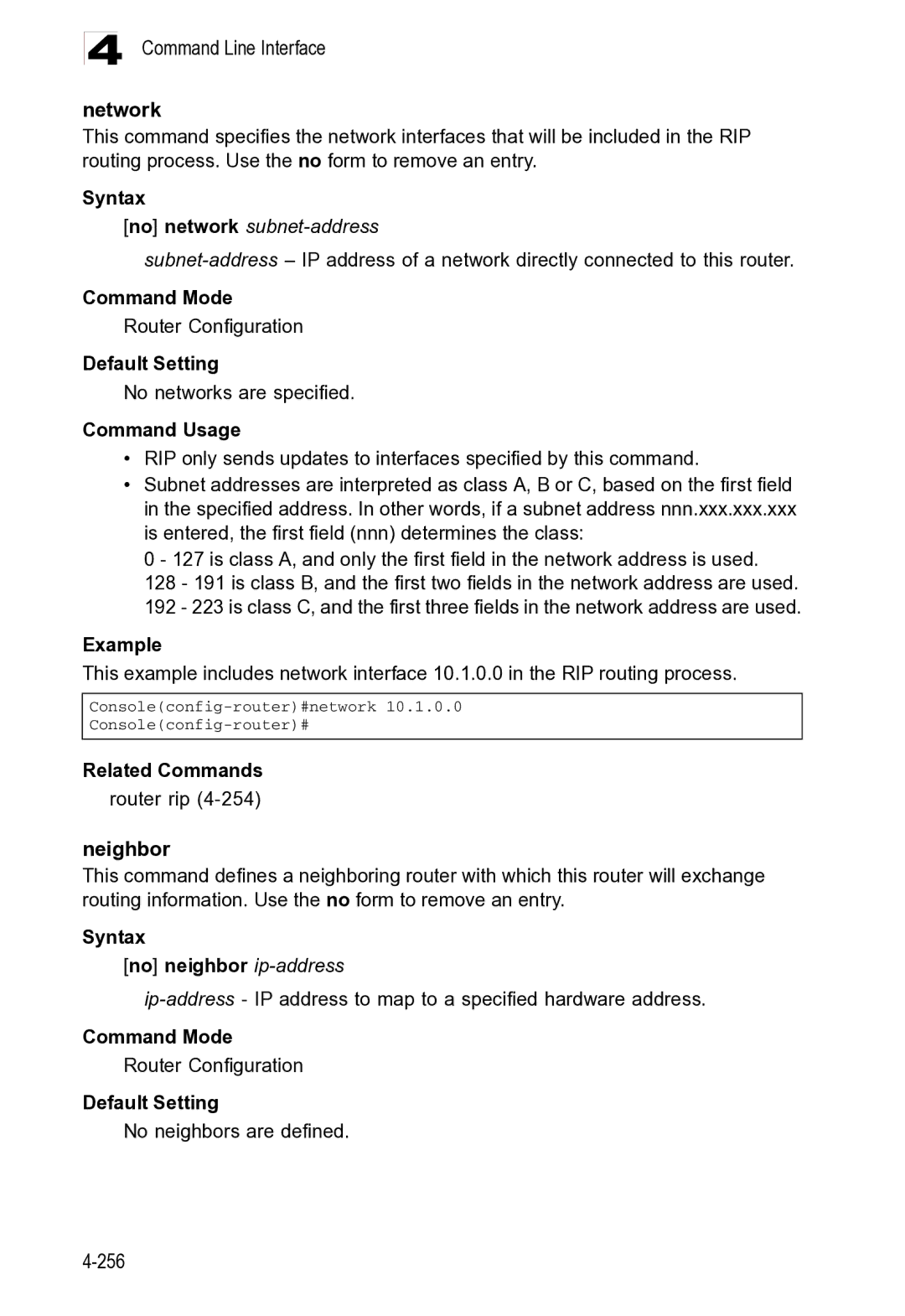 Microsoft ES4625, ES4649 manual Command Line Interface Network, No network subnet-address, Related Commands Router rip 