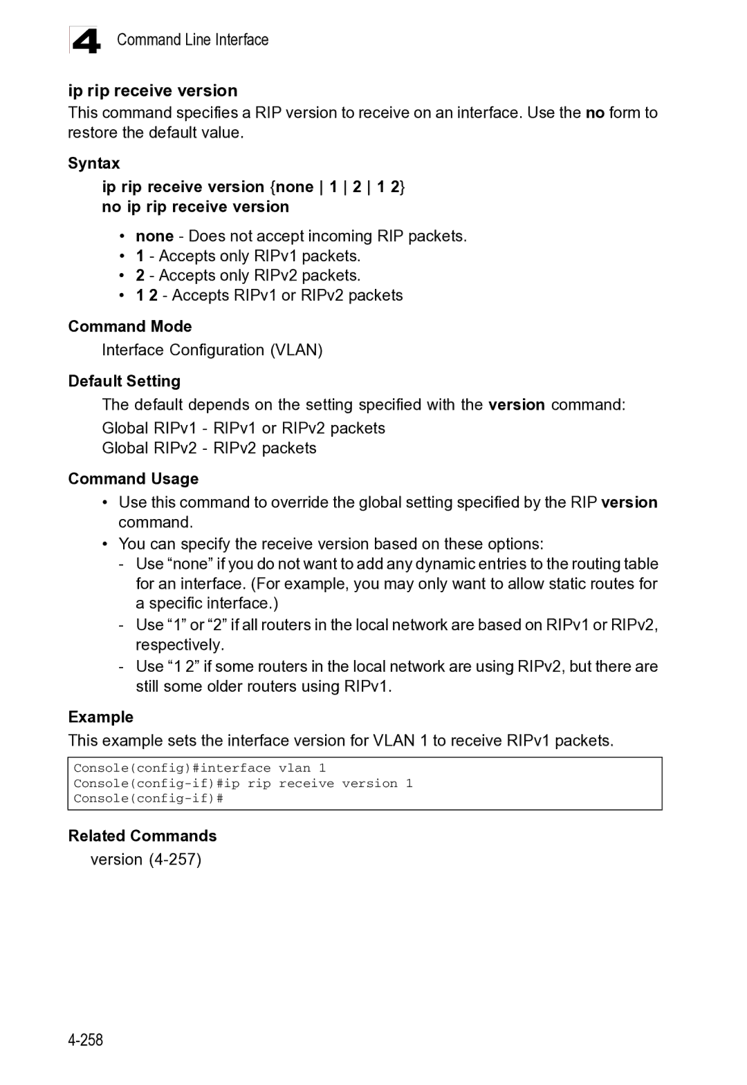 Microsoft ES4625, ES4649 manual Command Line Interface Ip rip receive version, Related Commands Version 