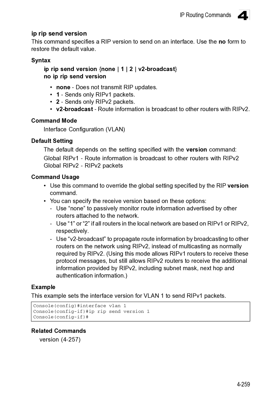 Microsoft ES4649, ES4625 manual IP Routing Commands Ip rip send version, 259 