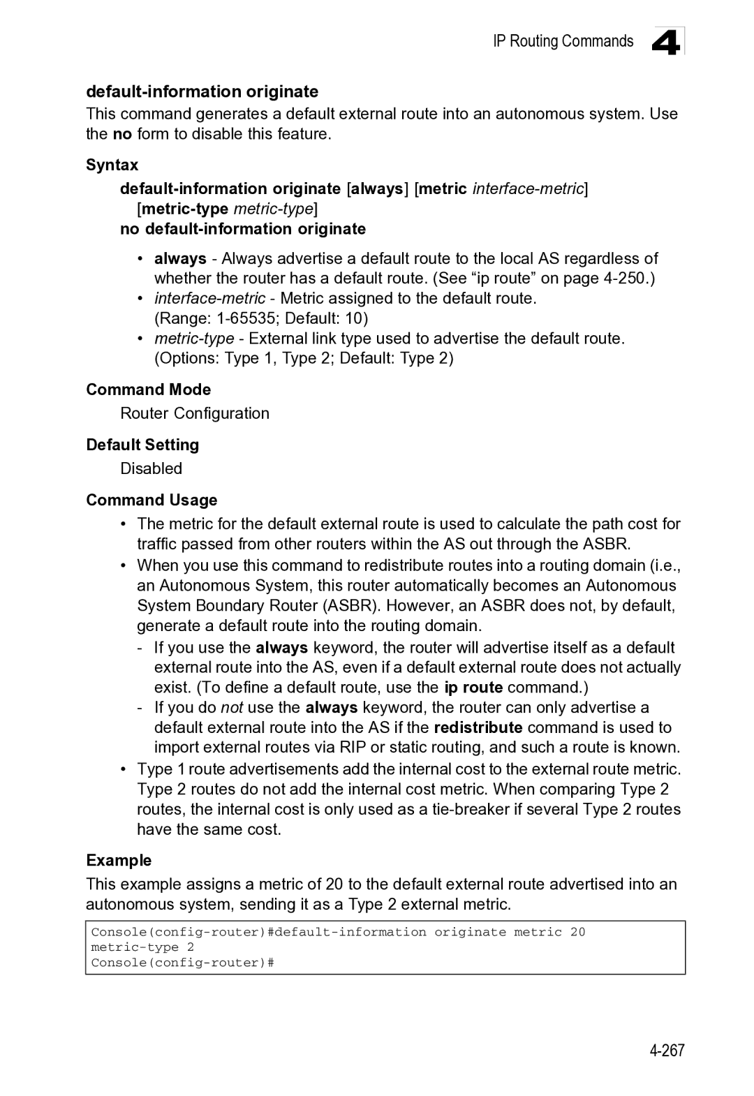 Microsoft ES4649, ES4625 manual IP Routing Commands Default-information originate, 267 