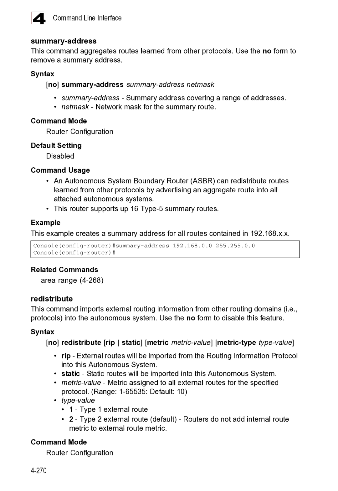 Microsoft ES4625, ES4649 Command Line Interface Summary-address, No summary-addresssummary-address netmask, Type-value 