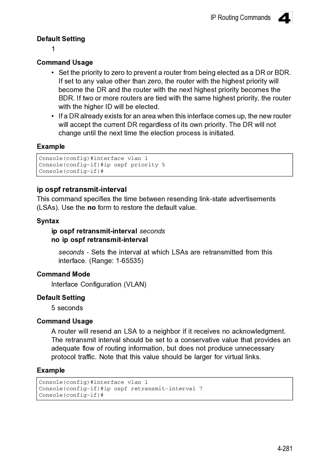 Microsoft ES4649, ES4625 manual Ip ospf retransmit-interval 