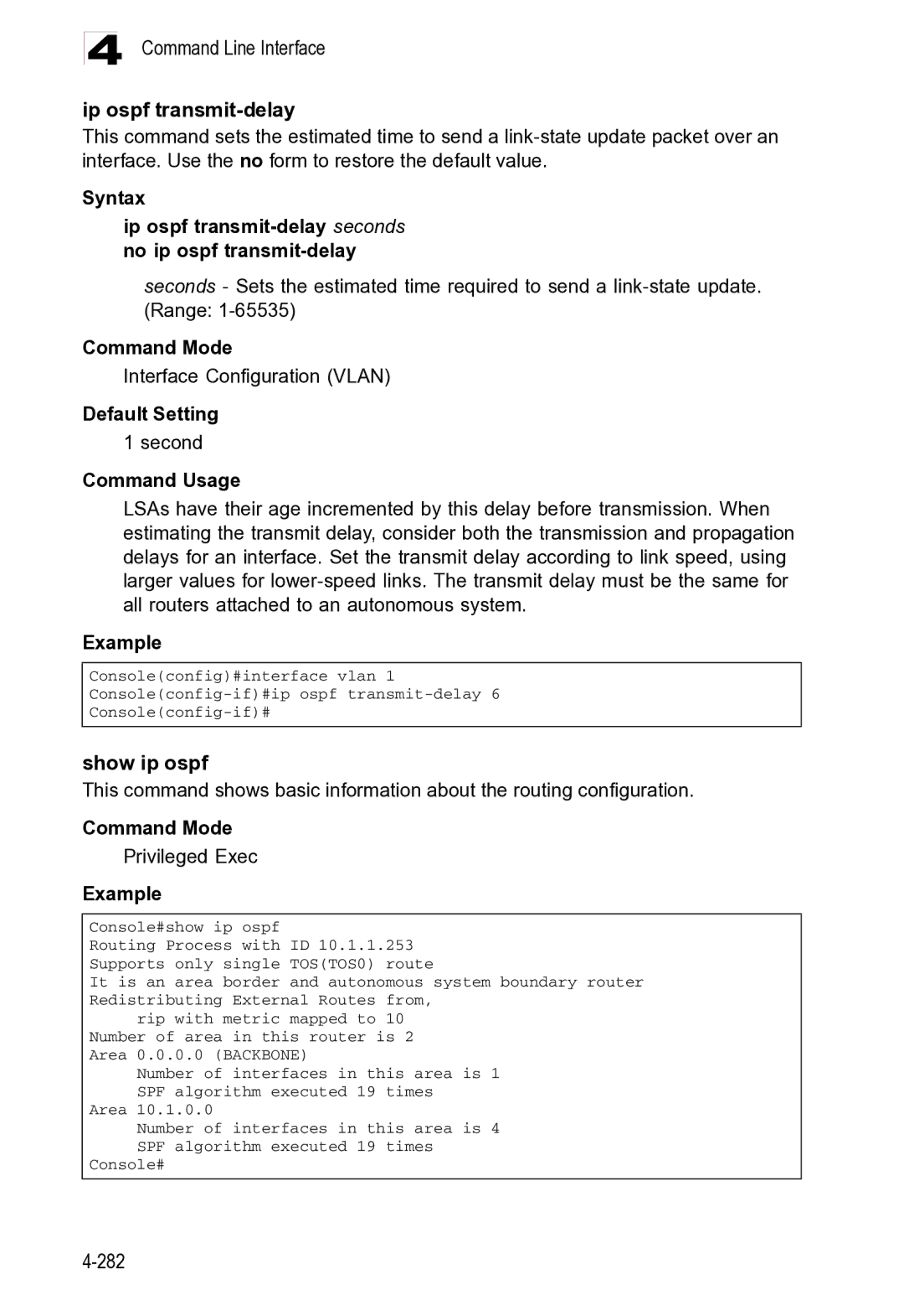 Microsoft ES4625, ES4649 manual Command Line Interface Ip ospf transmit-delay, Show ip ospf 