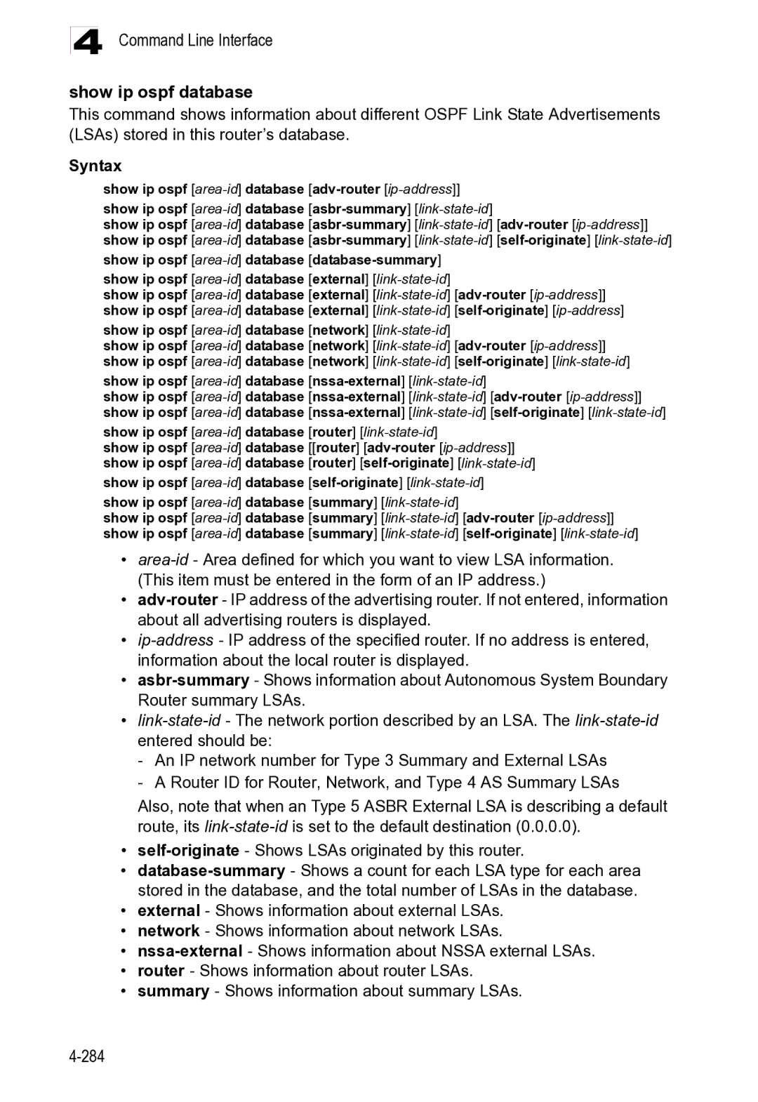 Microsoft ES4625, ES4649 Command Line Interface Show ip ospf database, Show ip ospf area-id database network link-state-id 