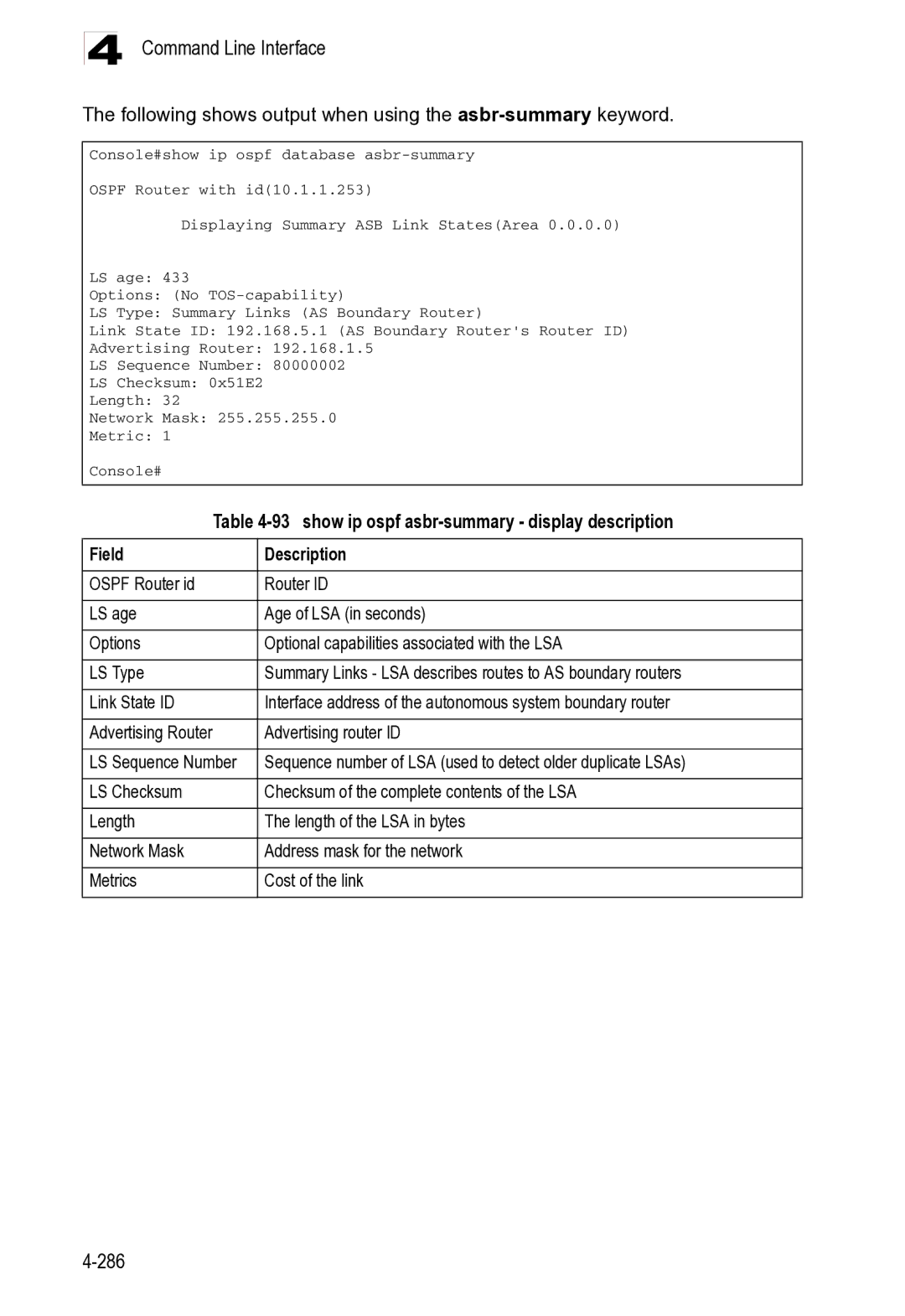 Microsoft ES4625 Following shows output when using the asbr-summary keyword, show ip ospf asbr-summary display description 