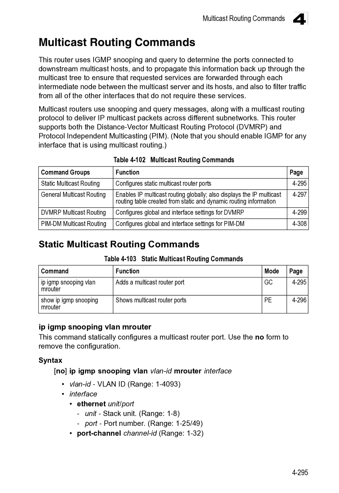 Microsoft ES4649, ES4625 manual Multicast Routing Commands, 297, Configures global and interface settings for Dvmrp 299 