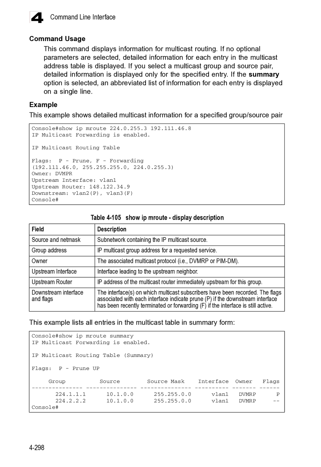 Microsoft ES4625, ES4649 manual show ip mroute display description, Subnetwork containing the IP multicast source, Flags 