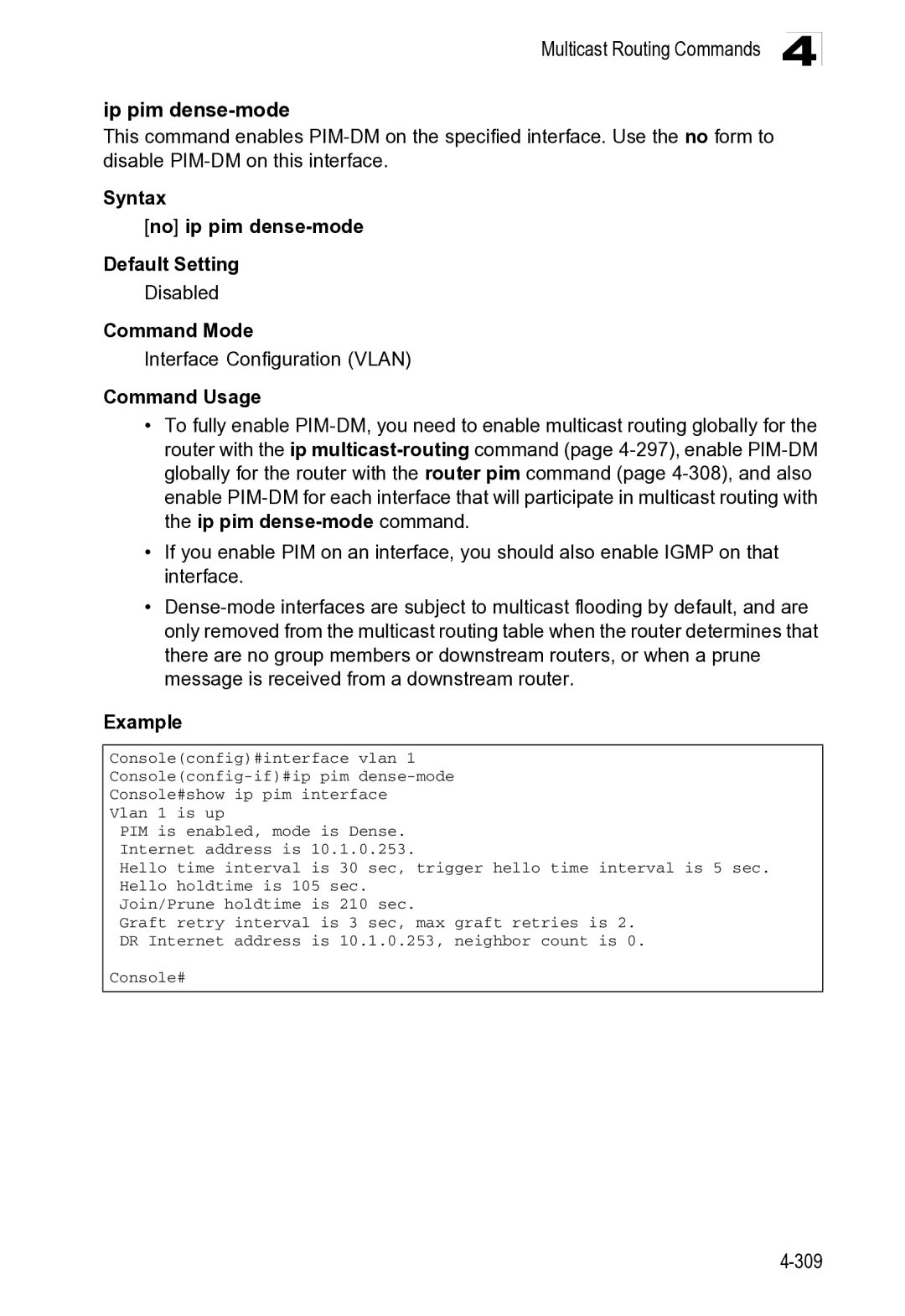 Microsoft ES4649, ES4625 manual Multicast Routing Commands Ip pim dense-mode, 309 