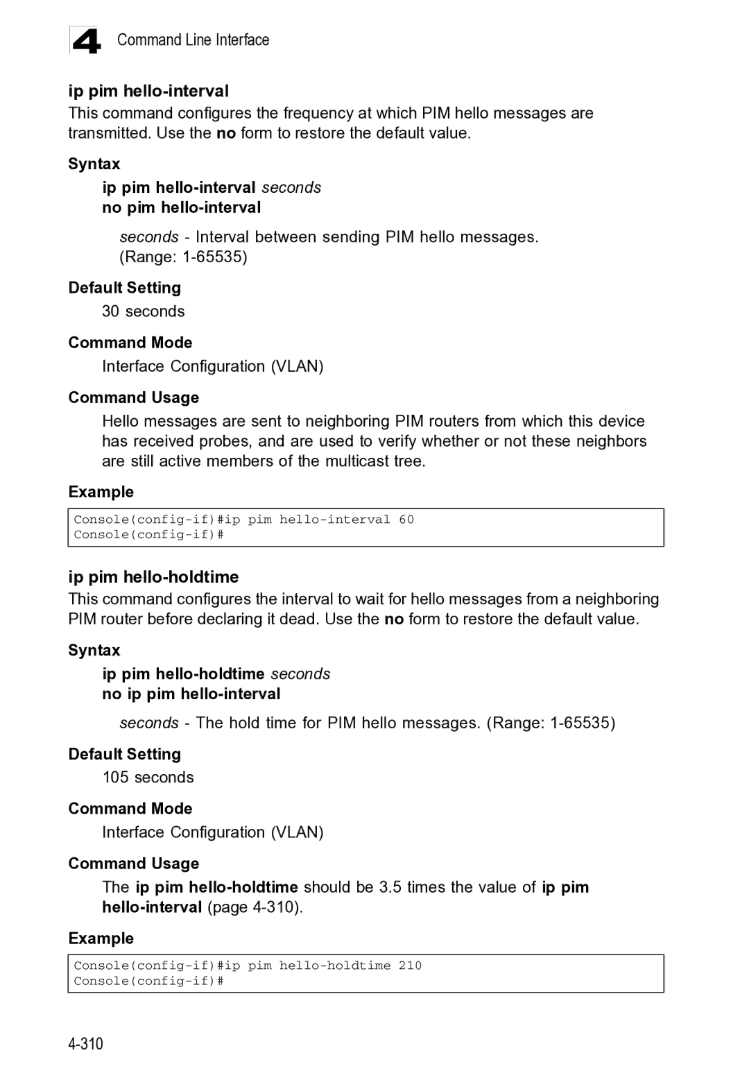 Microsoft ES4625, ES4649 manual Command Line Interface Ip pim hello-interval, Ip pim hello-holdtime 