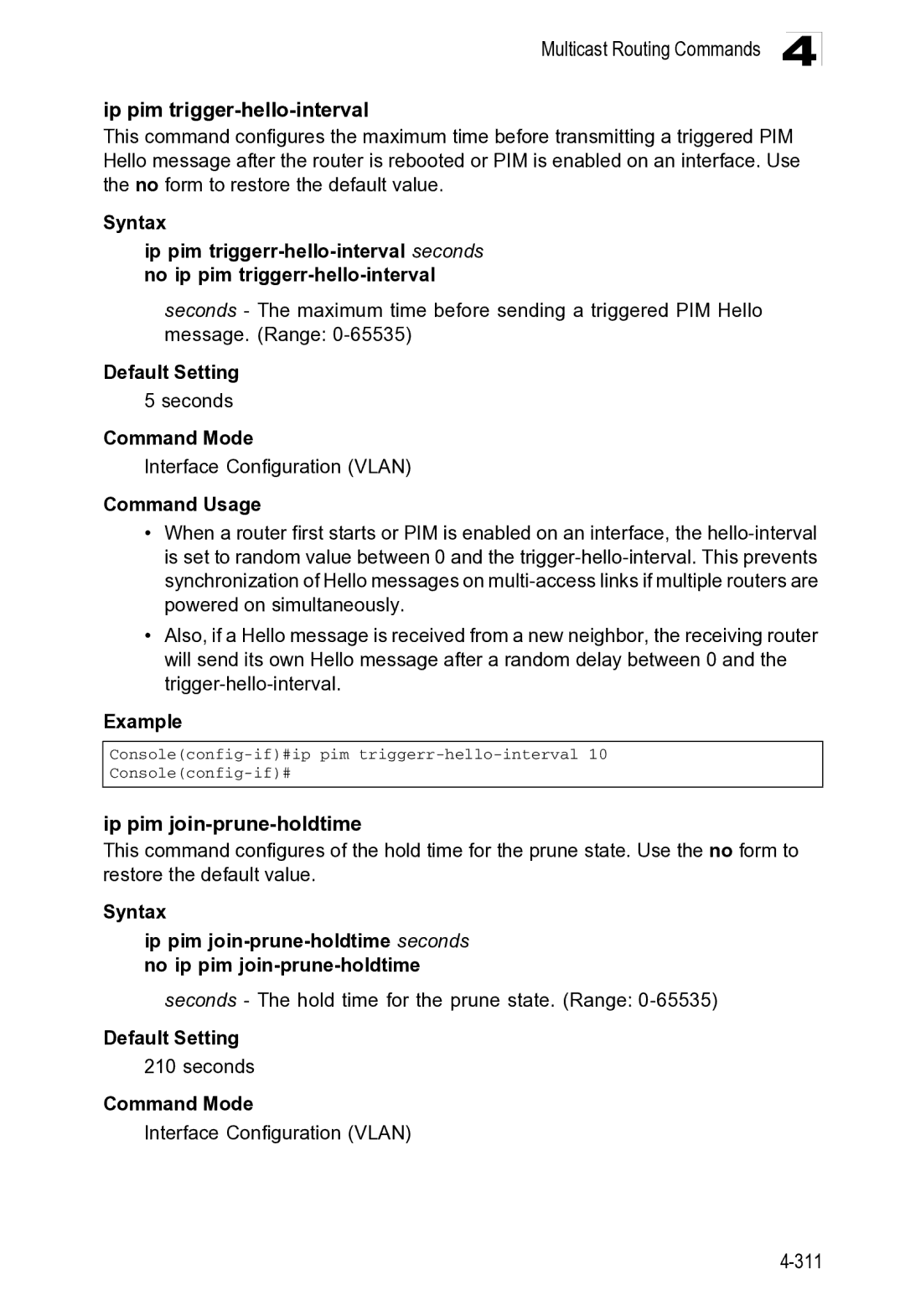 Microsoft ES4649, ES4625 manual Multicast Routing Commands Ip pim trigger-hello-interval, Ip pim join-prune-holdtime 