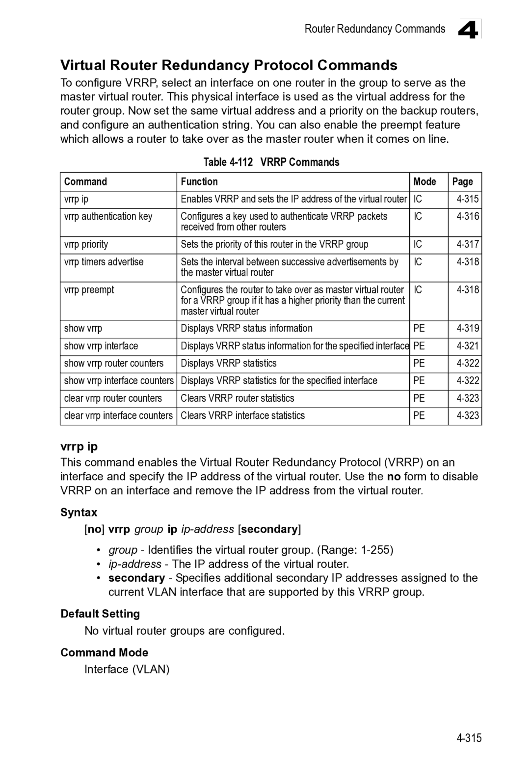 Microsoft ES4649, ES4625 manual Virtual Router Redundancy Protocol Commands 