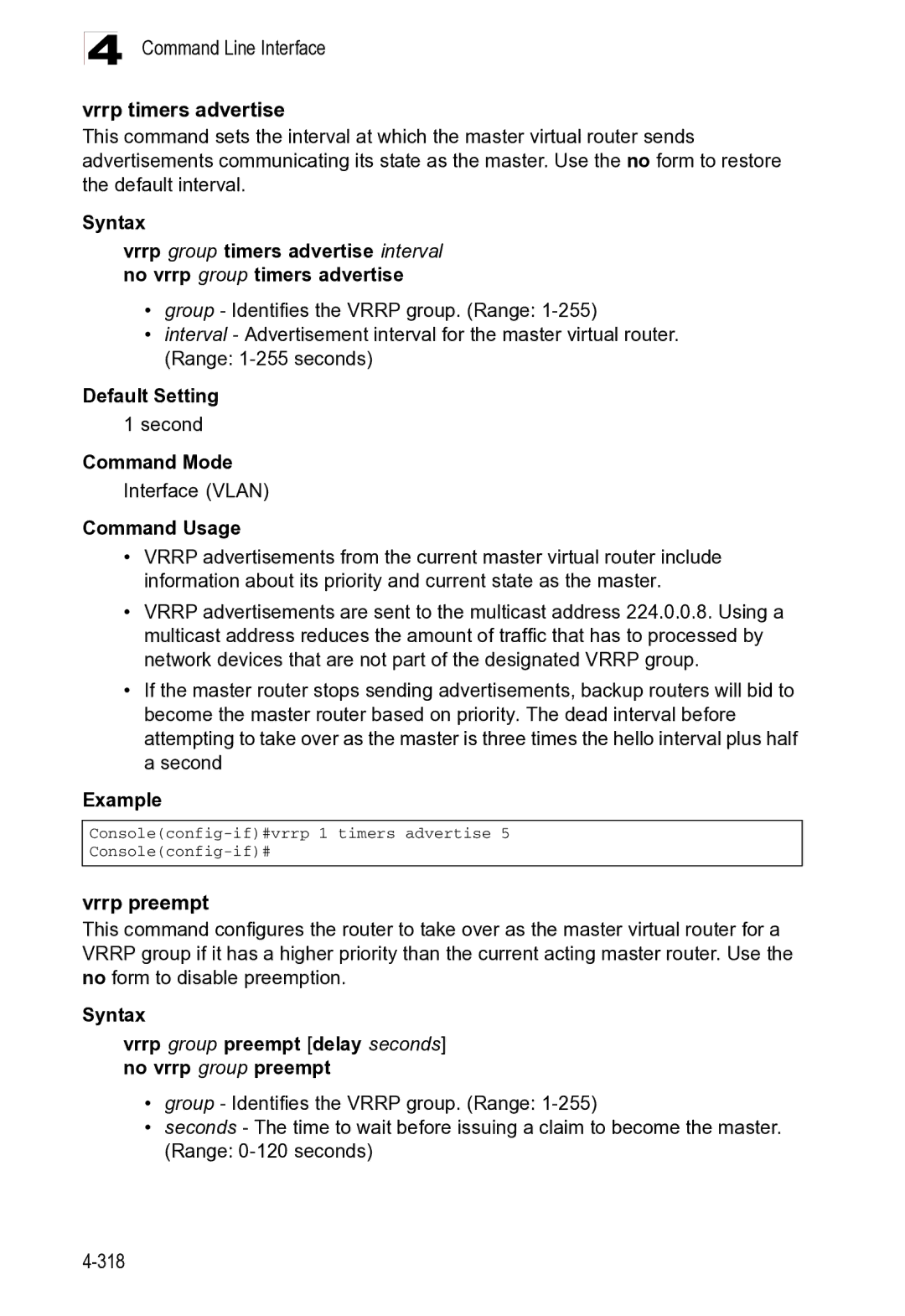 Microsoft ES4625, ES4649 manual Command Line Interface Vrrp timers advertise, Vrrp preempt 