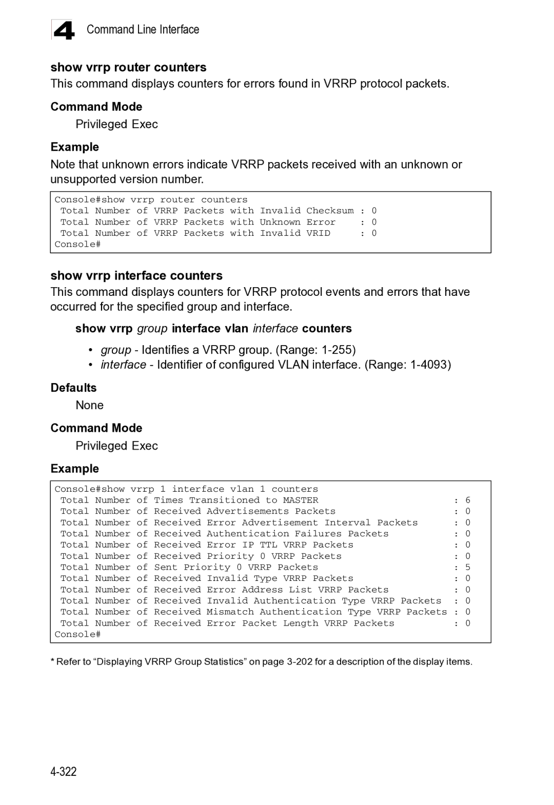 Microsoft ES4625, ES4649 manual Command Line Interface Show vrrp router counters, Show vrrp interface counters 