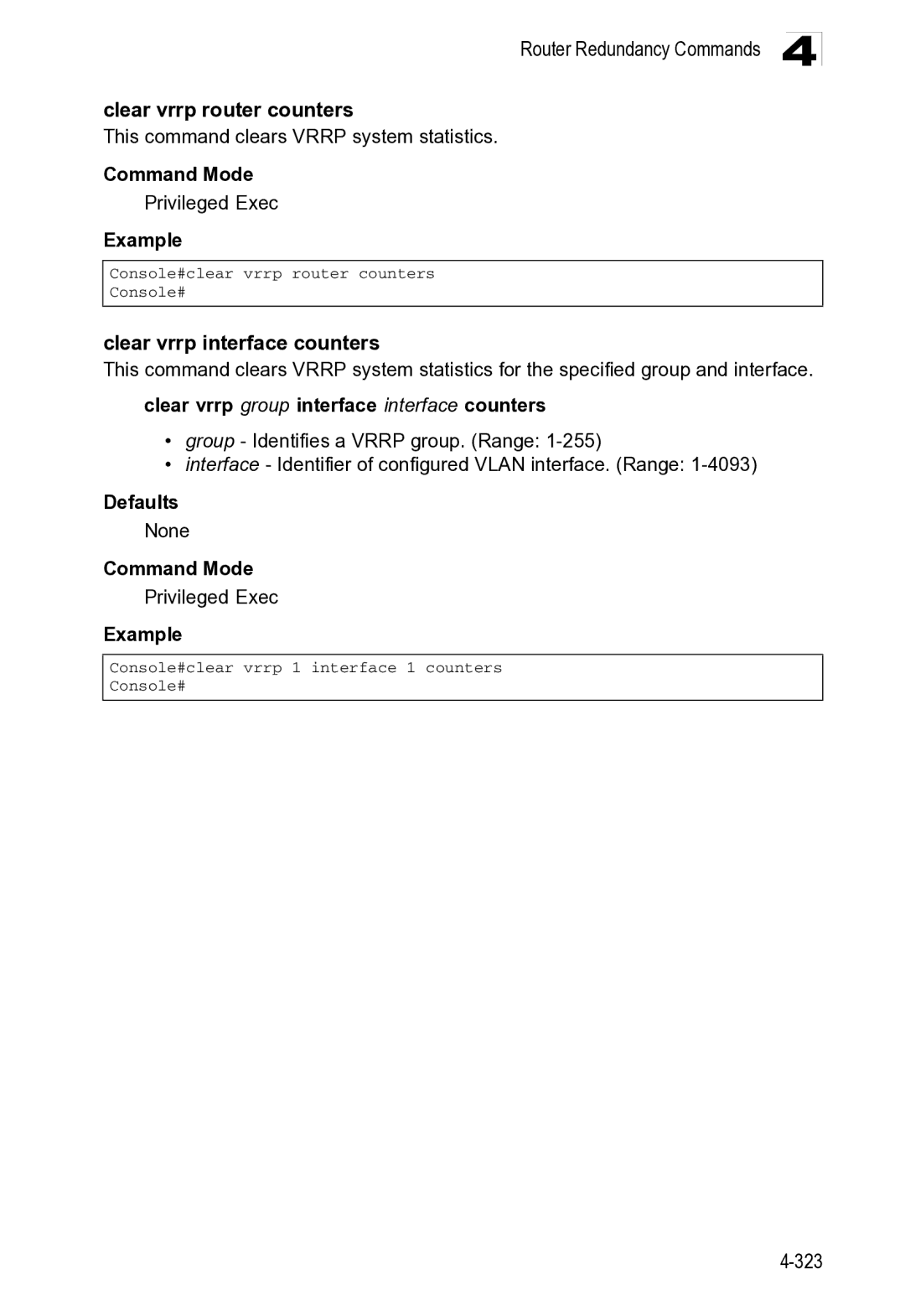 Microsoft ES4649, ES4625 manual Router Redundancy Commands Clear vrrp router counters, Clear vrrp interface counters 