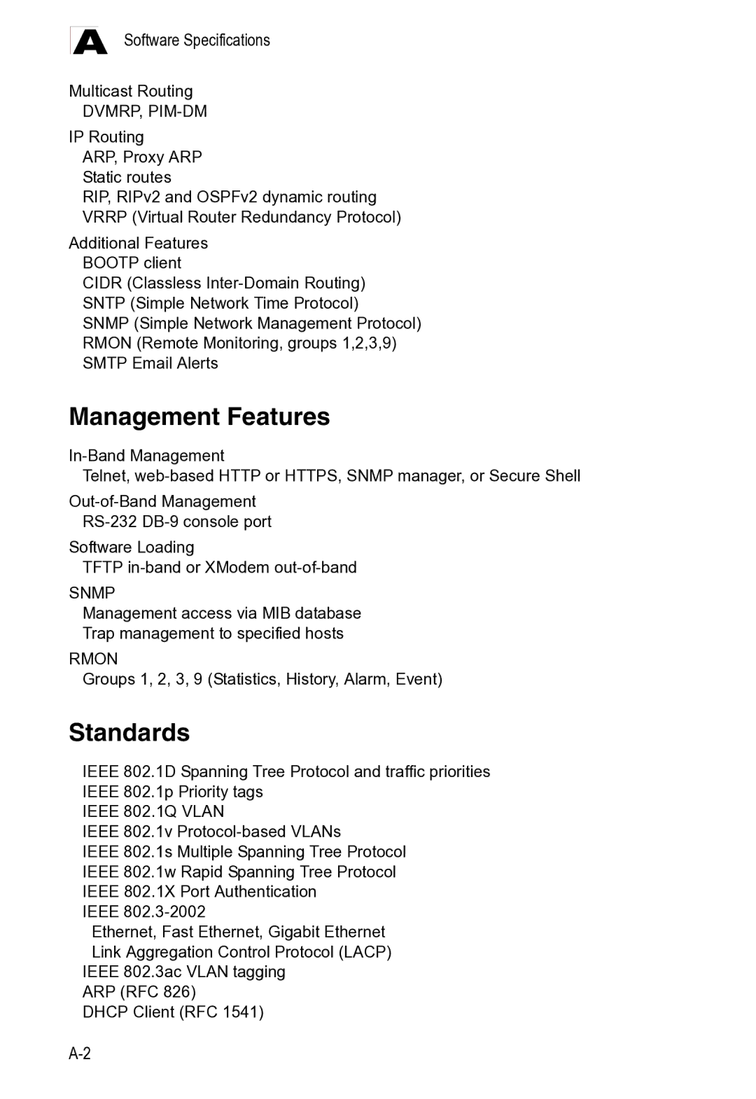 Microsoft ES4625, ES4649 manual Management Features, Standards, Software Specifications 