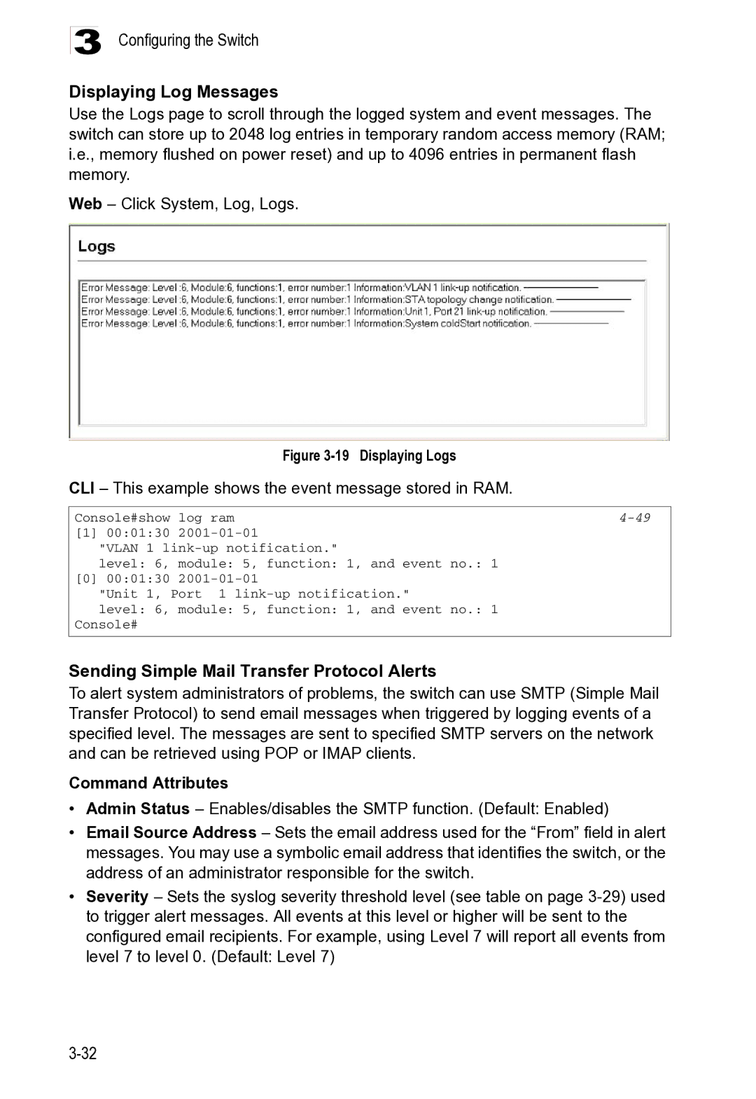 Microsoft ES4625, ES4649 manual Configuring the Switch Displaying Log Messages, Sending Simple Mail Transfer Protocol Alerts 