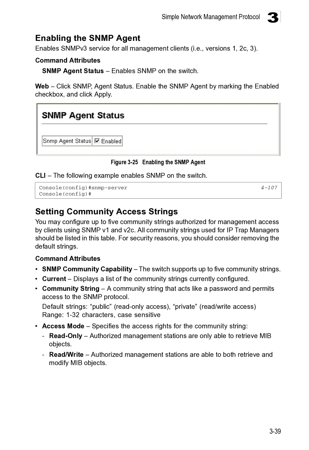 Microsoft ES4649, ES4625 manual Enabling the Snmp Agent, Setting Community Access Strings, 107 