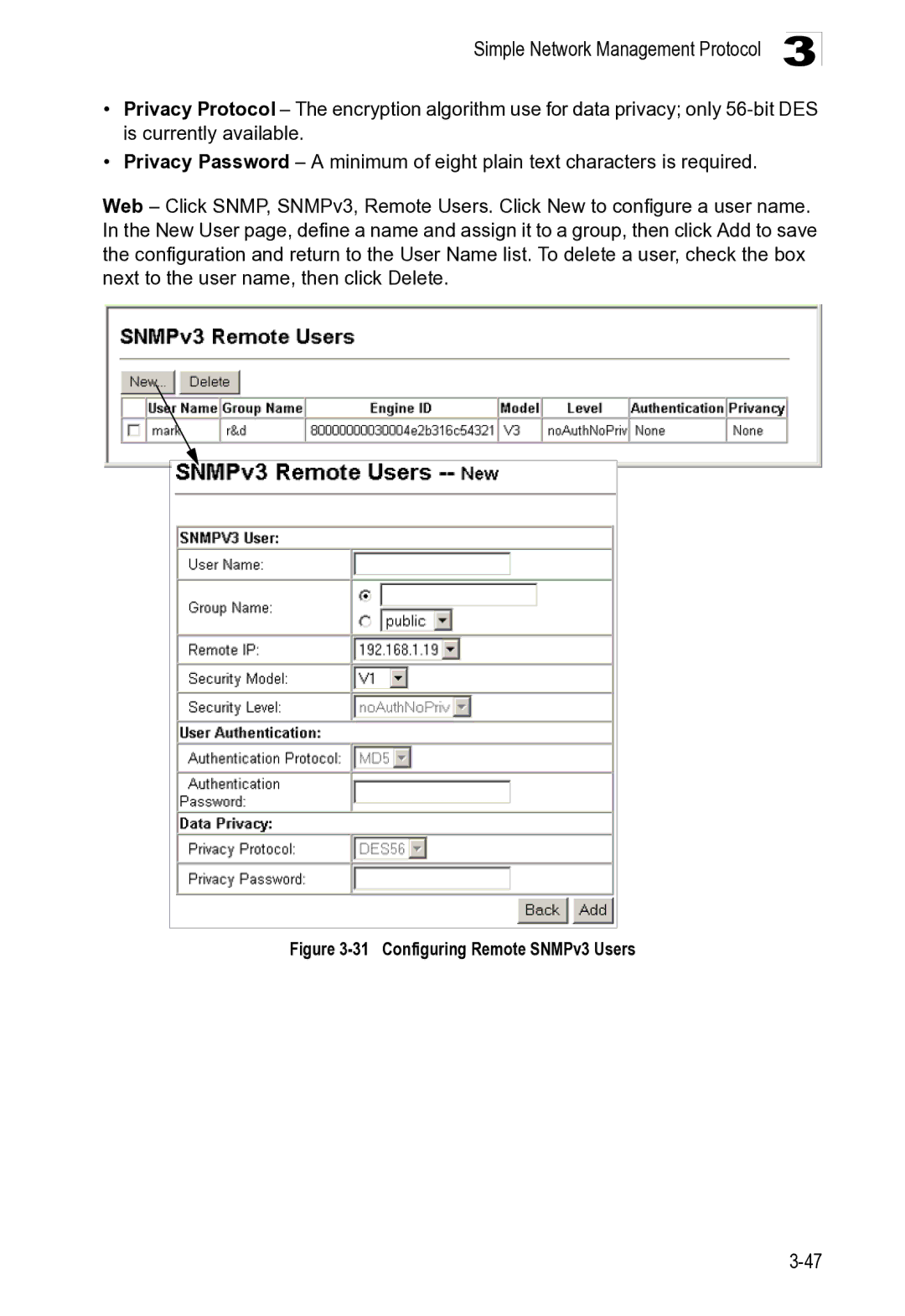 Microsoft ES4649, ES4625 manual Configuring Remote SNMPv3 Users 