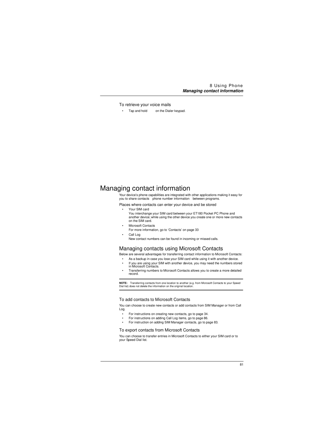 Microsoft ET180 manual Managing contact information, Managing contacts using Microsoft Contacts 