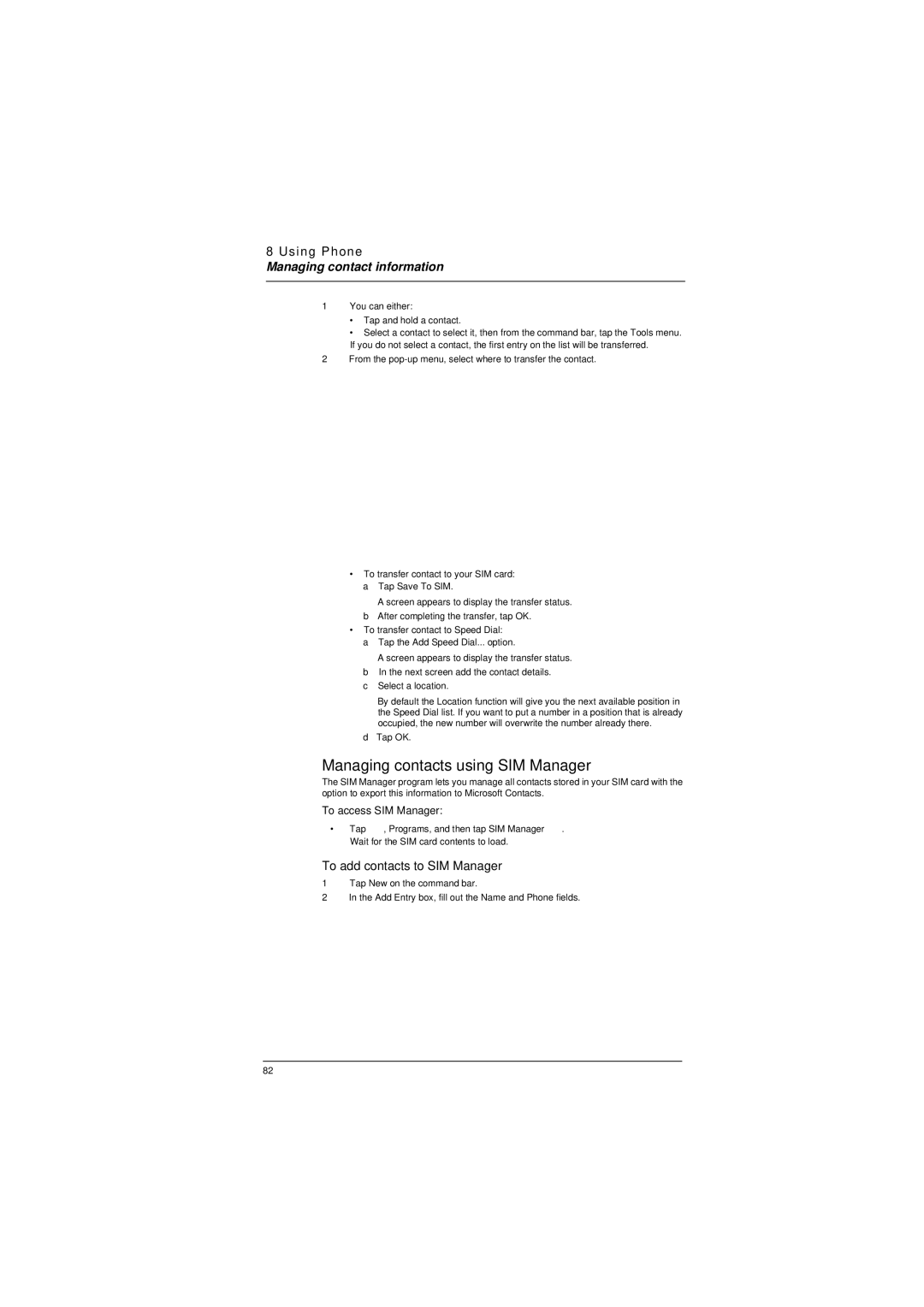 Microsoft ET180 manual Managing contacts using SIM Manager, To add contacts to SIM Manager, To access SIM Manager 