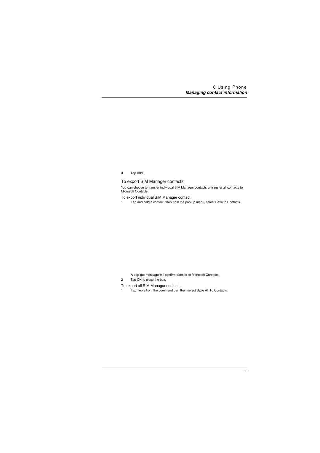 Microsoft ET180 manual To export SIM Manager contacts, To export individual SIM Manager contact 