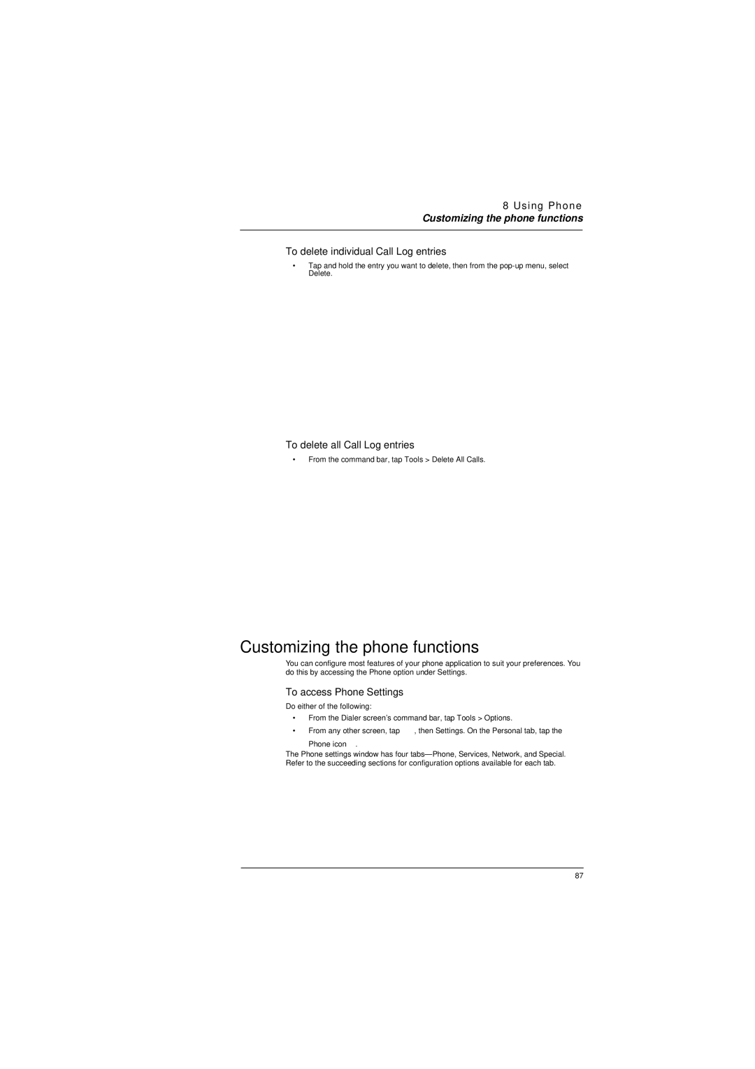 Microsoft ET180 Customizing the phone functions, To delete individual Call Log entries, To delete all Call Log entries 