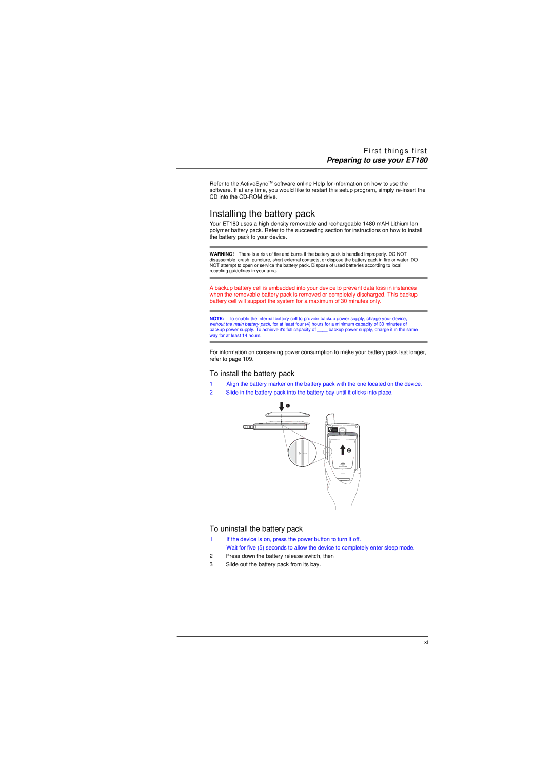 Microsoft manual Installing the battery pack, Preparing to use your ET180, To install the battery pack 