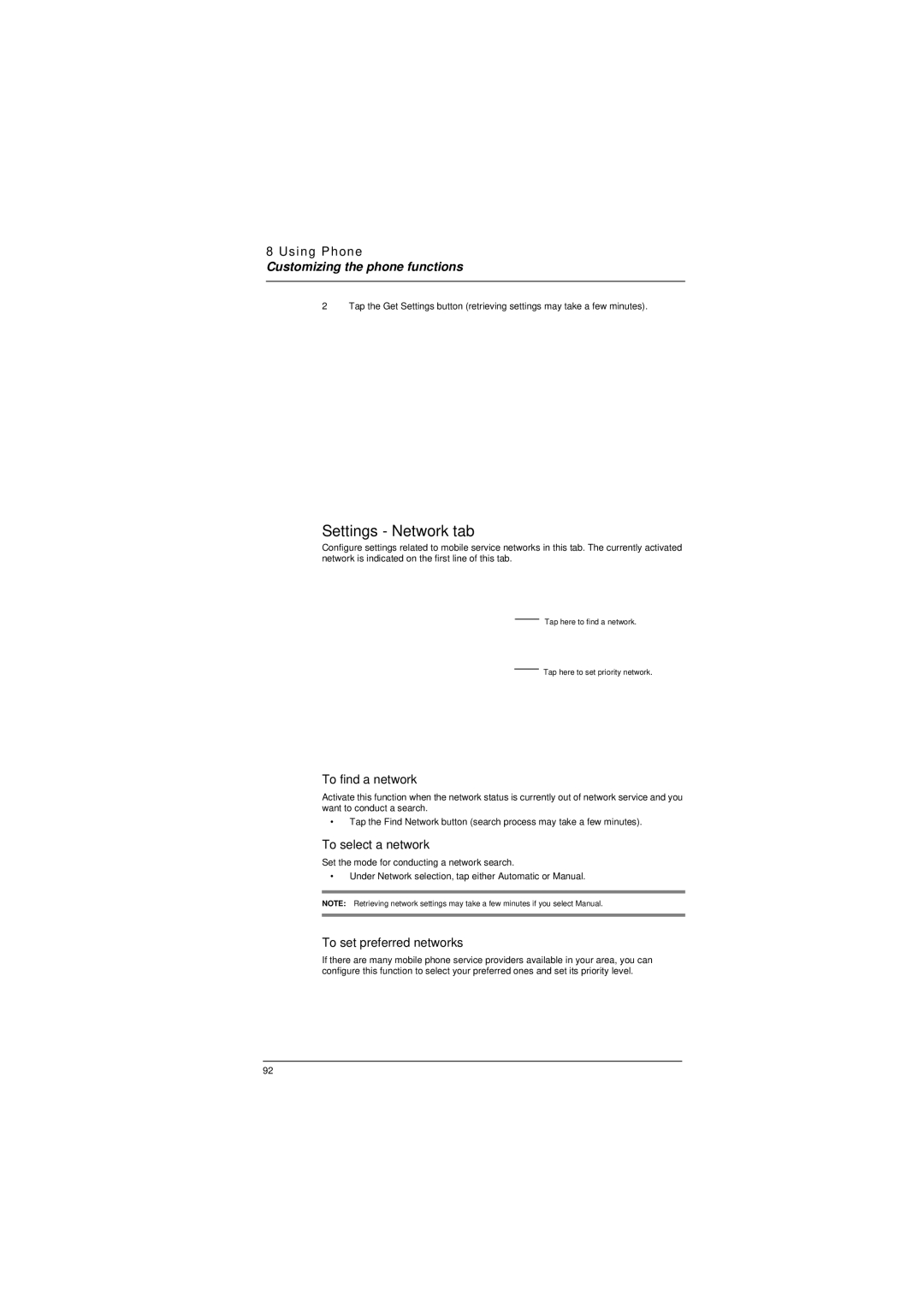 Microsoft ET180 manual Settings Network tab, To find a network, To select a network, To set preferred networks 