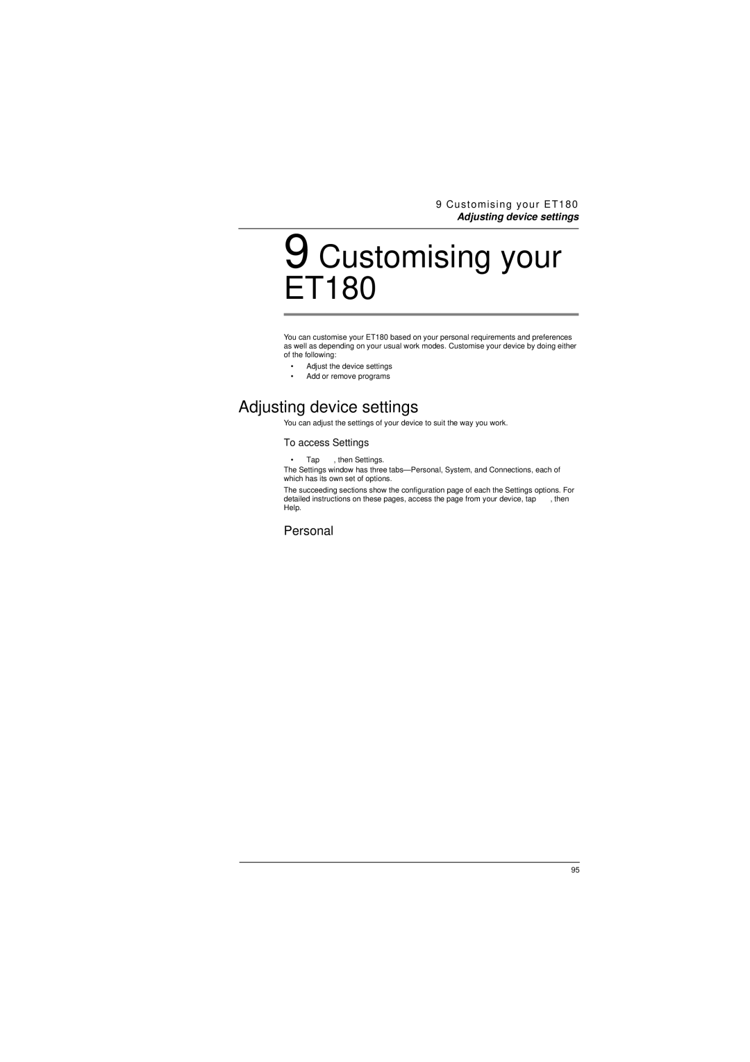 Microsoft ET180 manual Adjusting device settings, Personal, To access Settings 