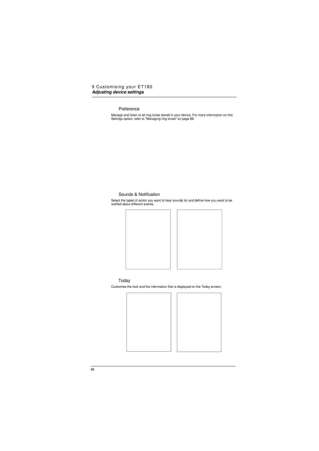 Microsoft ET180 manual Preference, Sounds & Notification, Today 