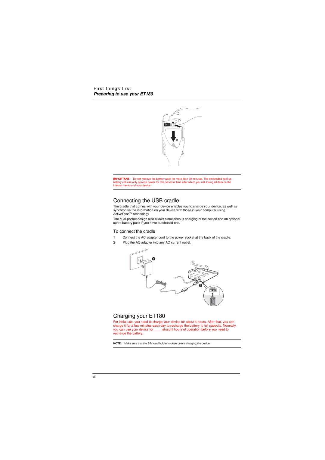 Microsoft manual Connecting the USB cradle, Charging your ET180, To connect the cradle 